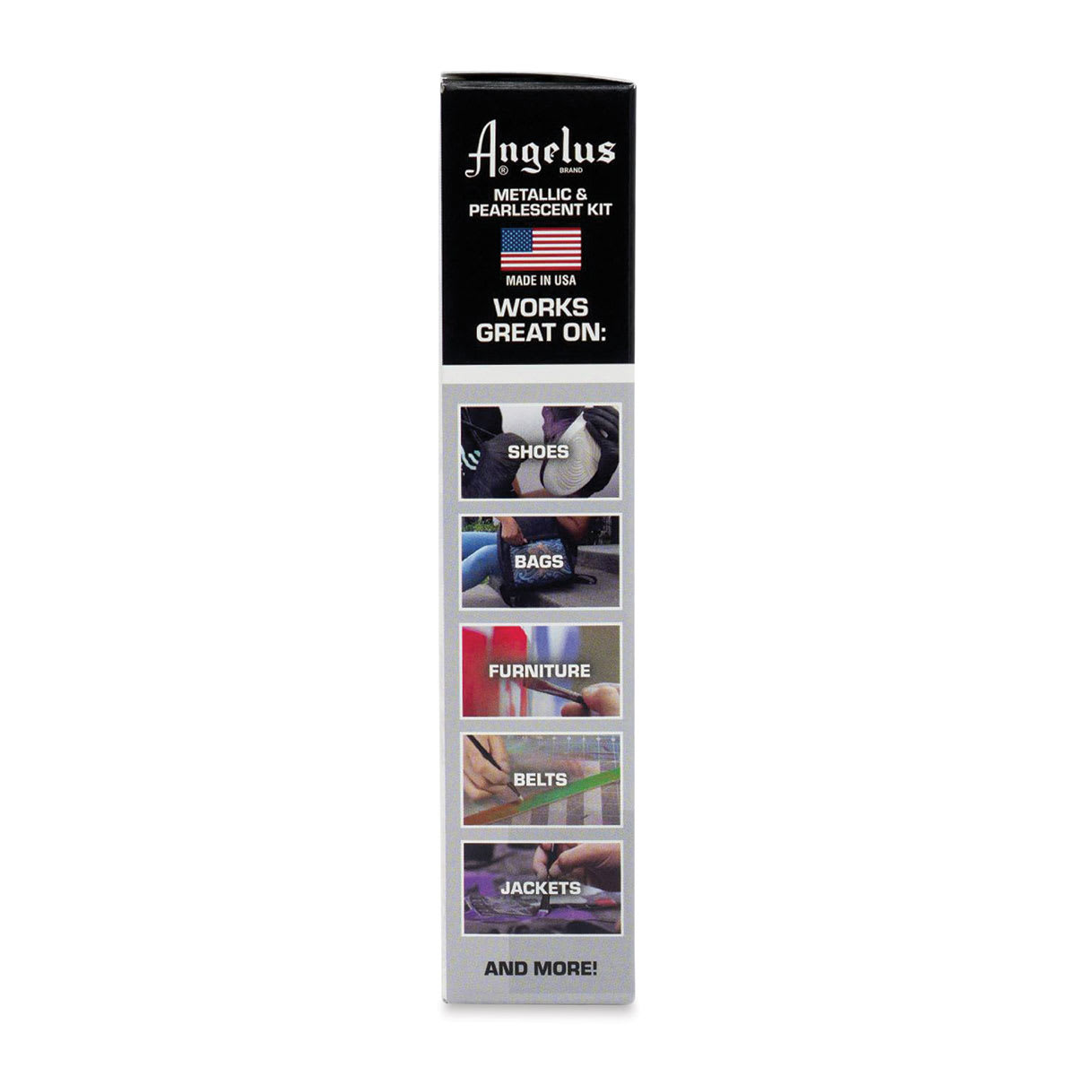 Angelus Acrylic Leather Paint Metallic and Pearlescent Set, side of the packaging showing examples of surfaces