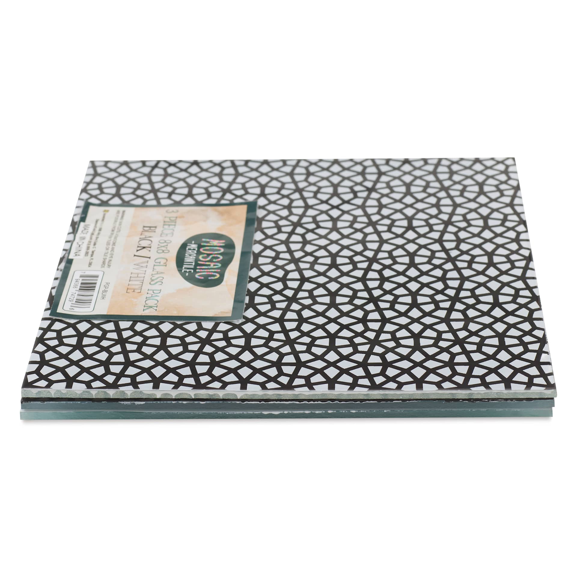 Mosaic Mercantile Opalescent Glass Pack - Black and White, 8" x 8", Pkg of 3