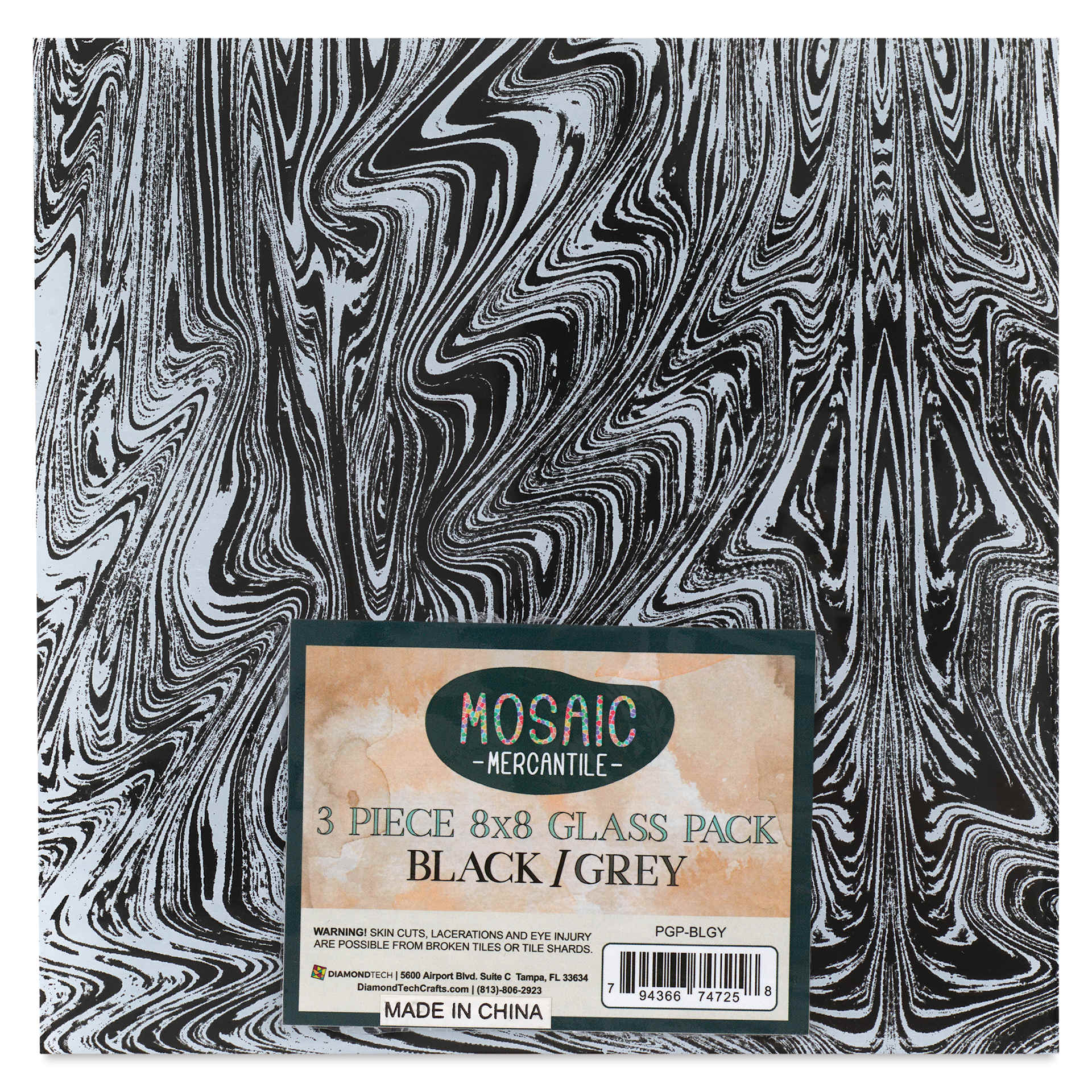 Mosaic Mercantile Opalescent Glass Pack - Black and Grey, 8" x 8", Pkg of 3, front of packaging