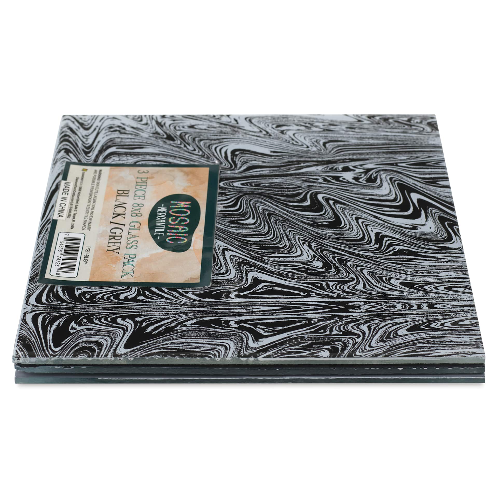 Mosaic Mercantile Opalescent Glass Pack - Black and Grey, 8" x 8", Pkg of 3