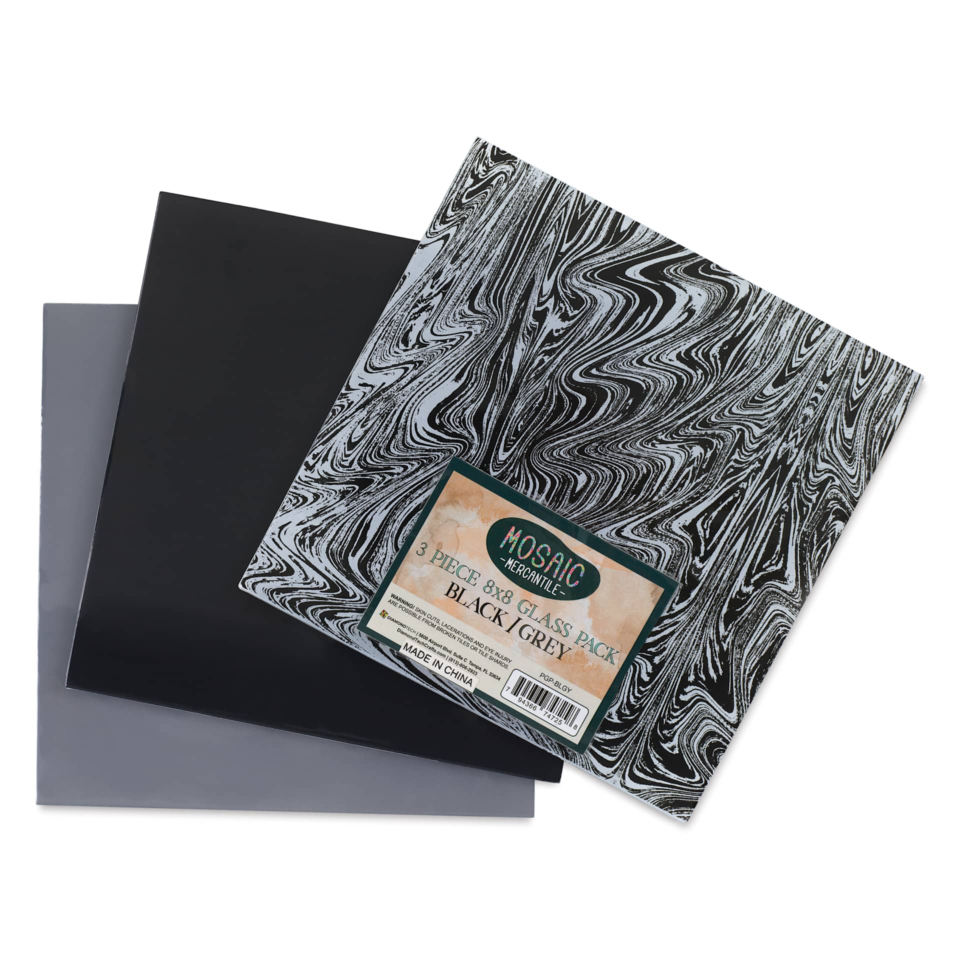 Mosaic Mercantile Opalescent Glass Pack - Black and Grey, 8" x 8", Pkg of 3, fanned out
