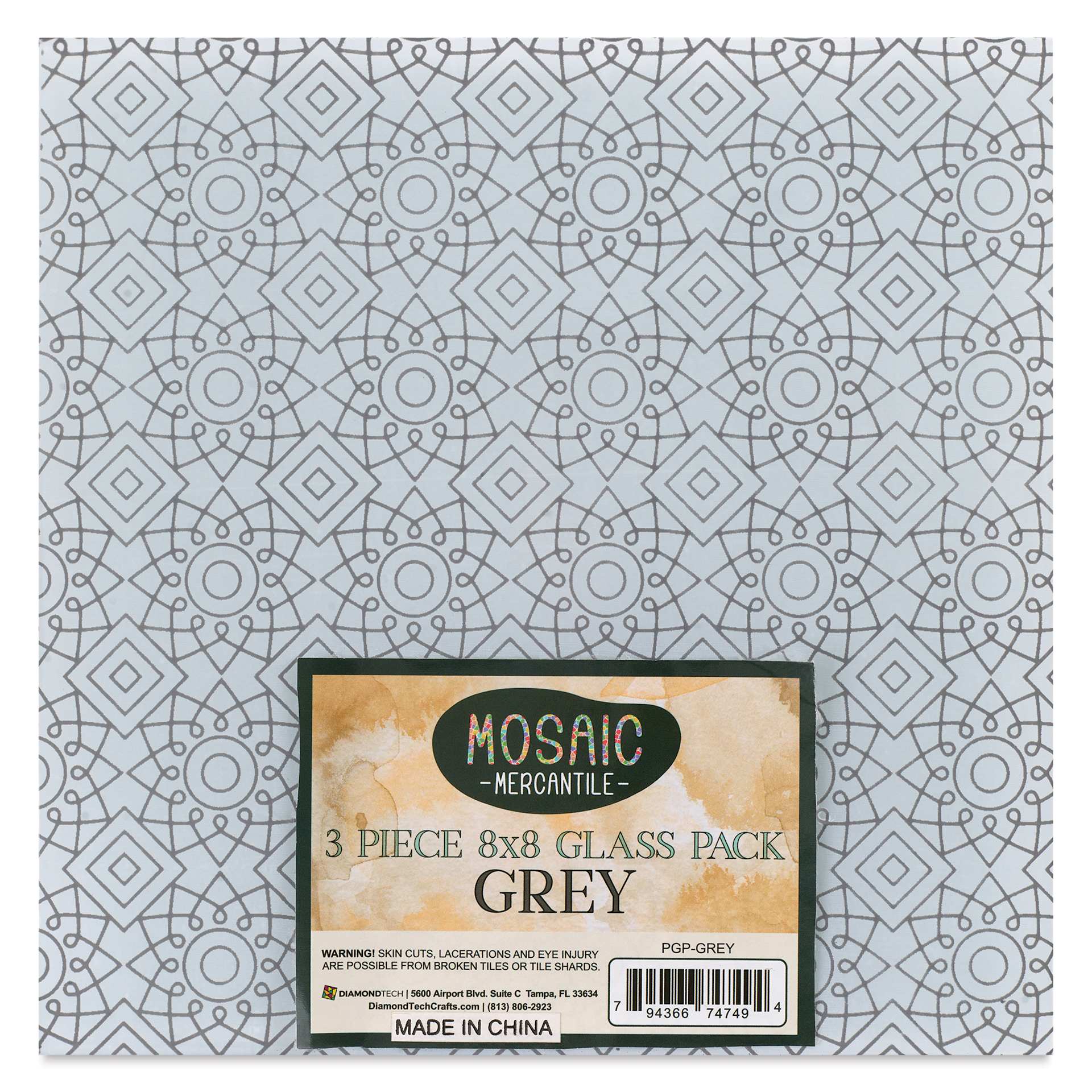 Mosaic Mercantile Opalescent Glass Pack - Grey, 8" x 8", Pkg of 3. front of packaging