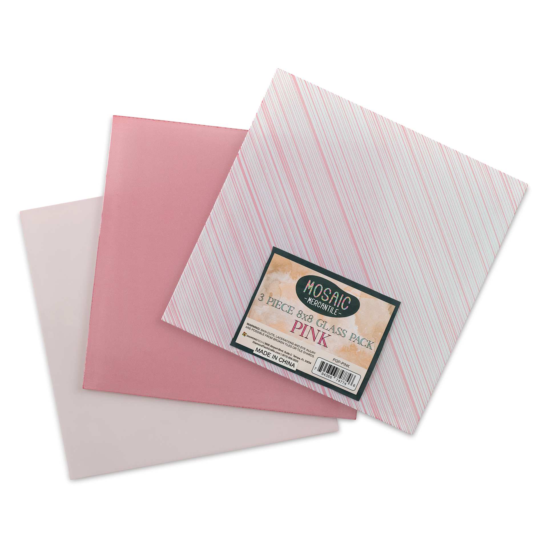 Mosaic Mercantile Opalescent Glass Pack - Pink, 8" x 8", Pkg of 3, fanned out