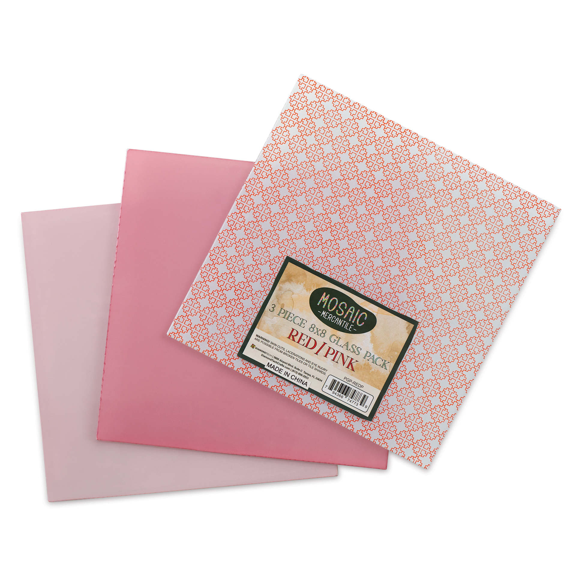 Mosaic Mercantile Opalescent Glass Pack - Red and Pink, 8" x 8", Pkg of 3, fanned out