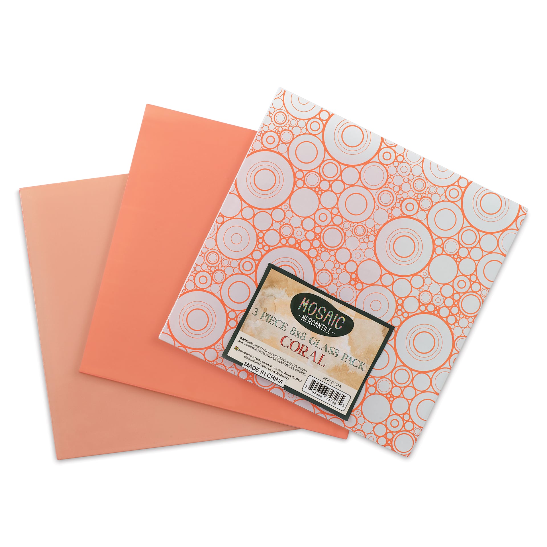 Mosaic Mercantile Opalescent Glass Pack - Coral, 8" x 8", Pkg of 3, fanned out