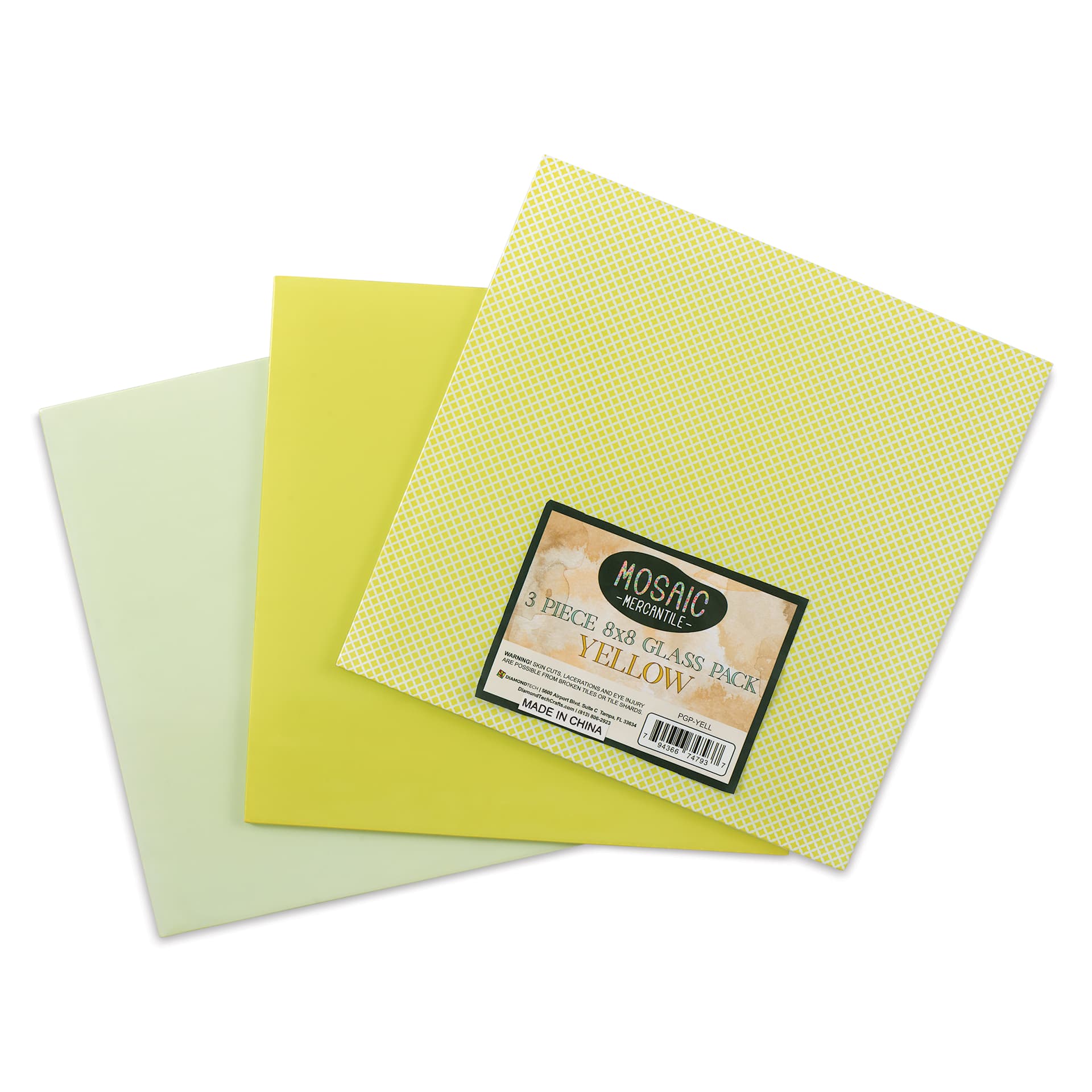 Mosaic Mercantile Opalescent Glass Pack - Yellow, 8" x 8", Pkg of 3, fanned out