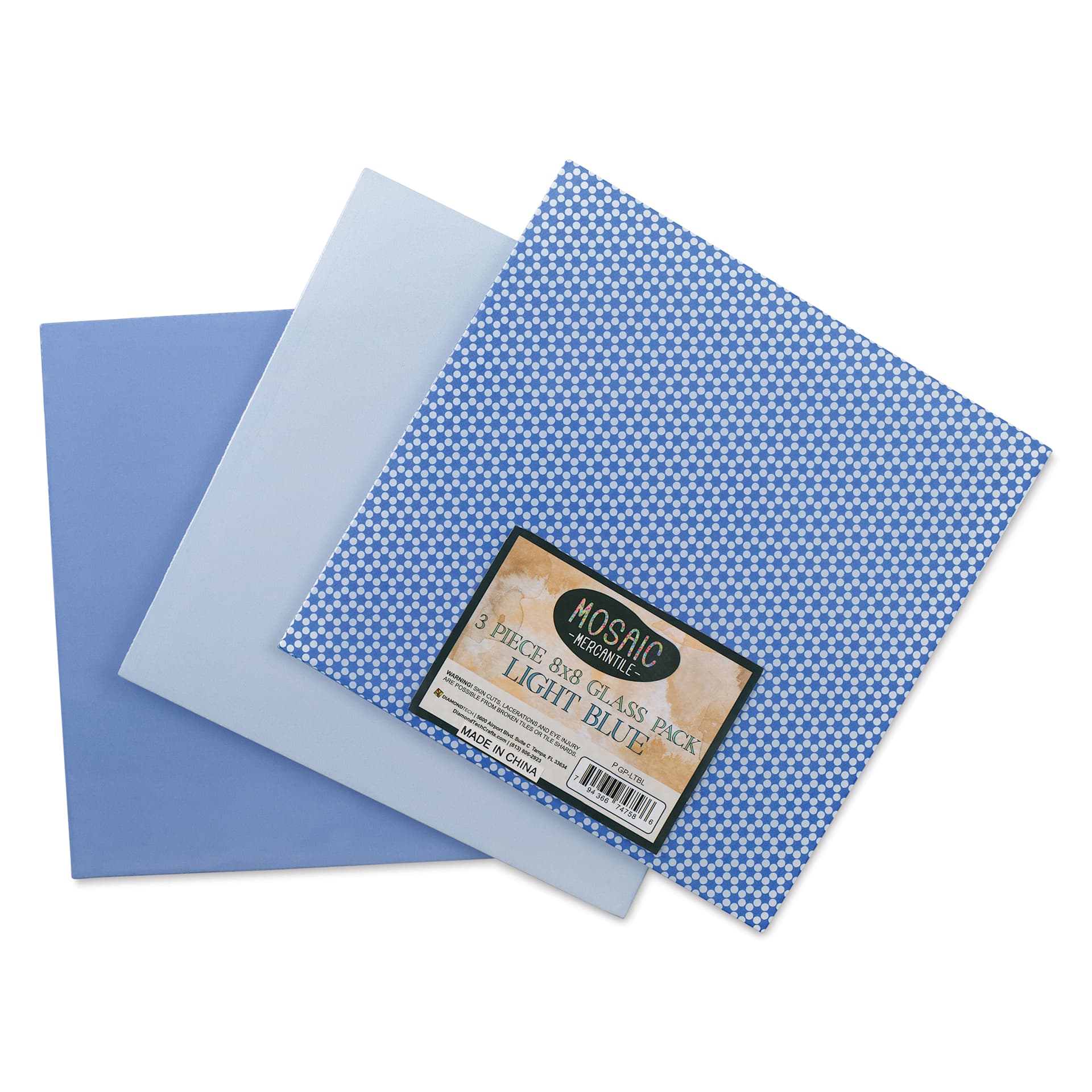 Mosaic Mercantile Opalescent Glass Pack - Light Blue, 8" x 8", Pkg of 3, fanned out