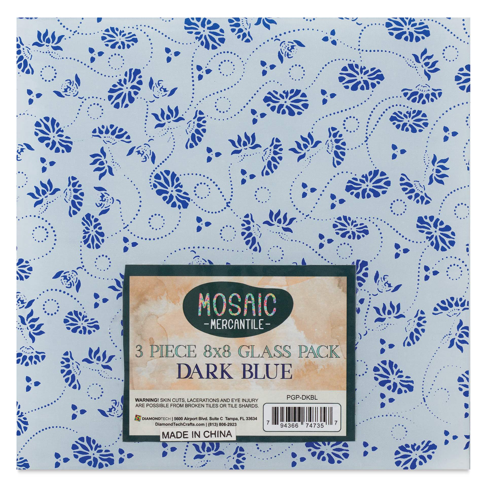 Mosaic Mercantile Opalescent Glass Pack - Dark Blue, 8" x 8", Pkg of 3, front of packaging
