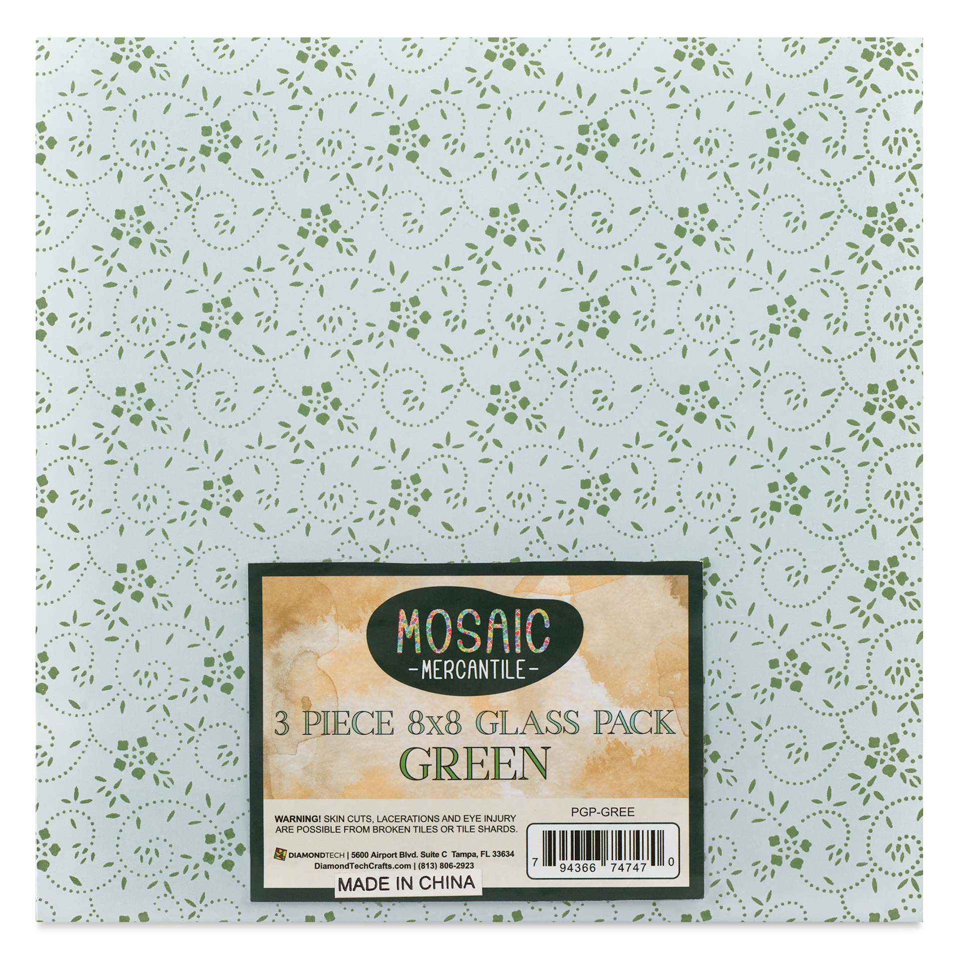 Mosaic Mercantile Opalescent Glass Pack - Green, 8" x 8", Pkg of 3, front of packaging
