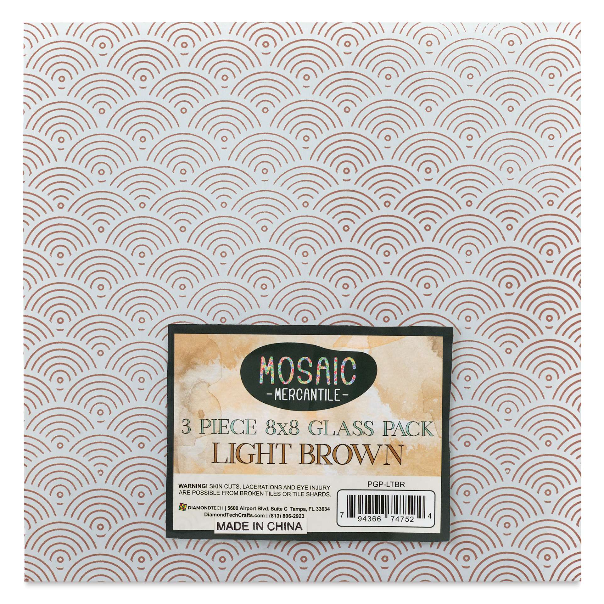 Mosaic Mercantile Opalescent Glass Pack - Light Brown, 8" x 8", Pkg of 3, front of packaging