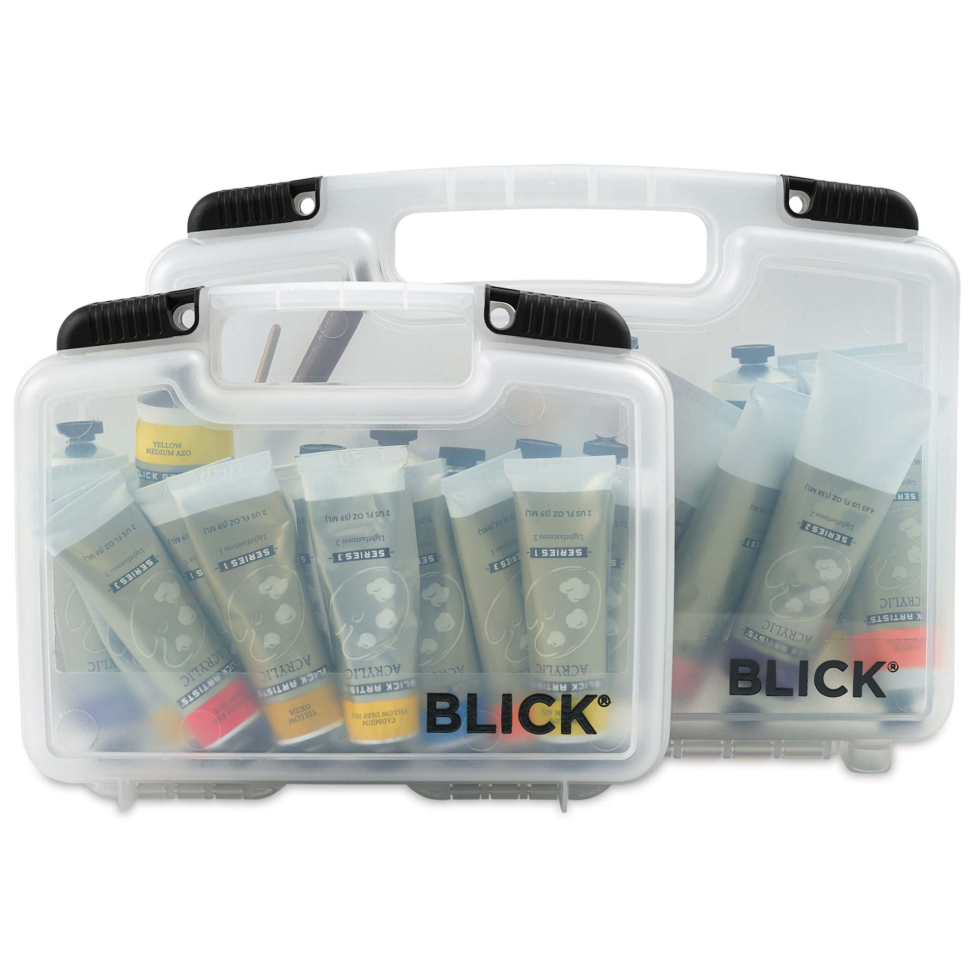 Blick Quick View Carrying Case - front of small and medium case filled with paint, supplies not included
