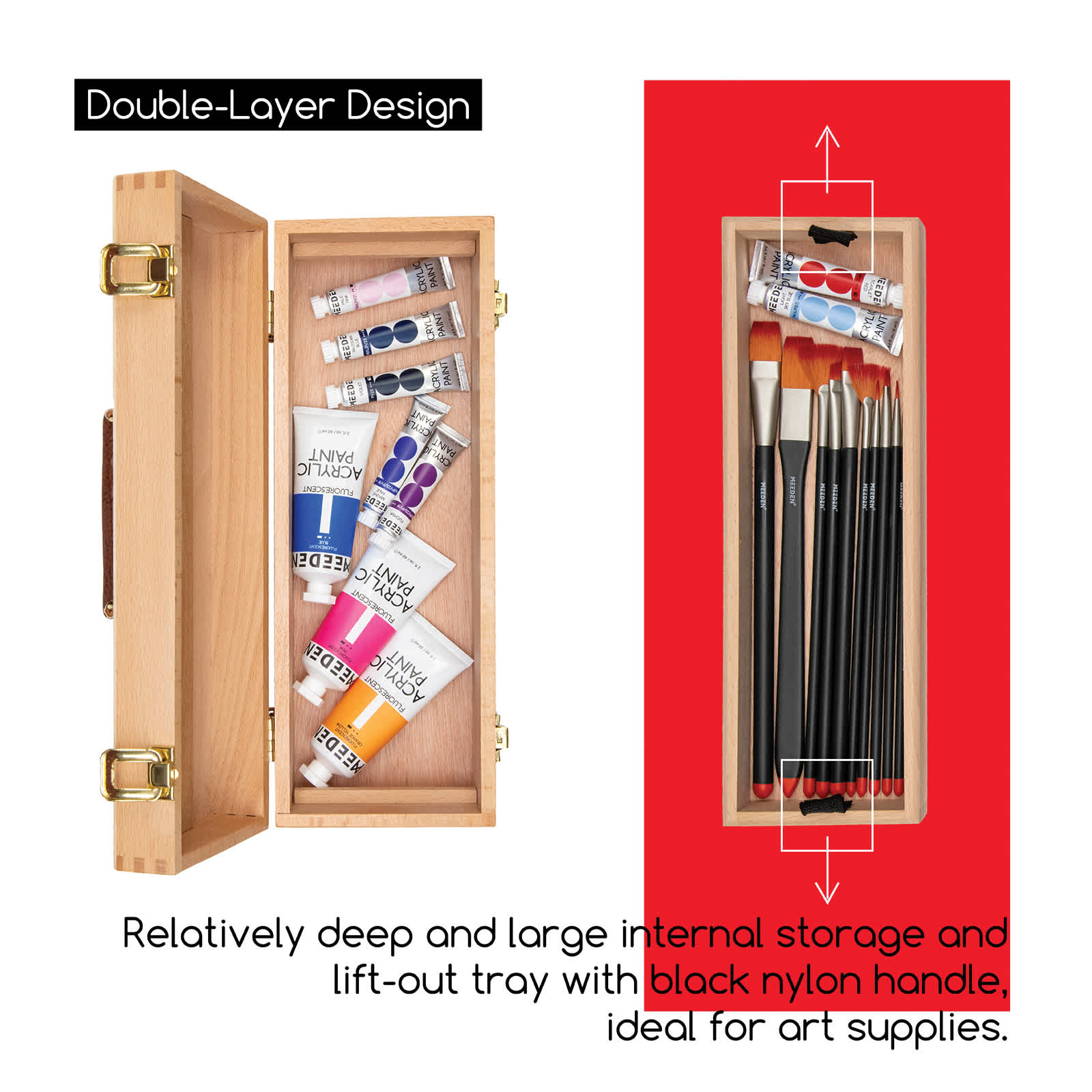 Meeden Artist Storage Box - Medium Box. Double layer design. Relatively deep and large internal storage and lift-out tray with black nylon handle, ideal for art supplies.