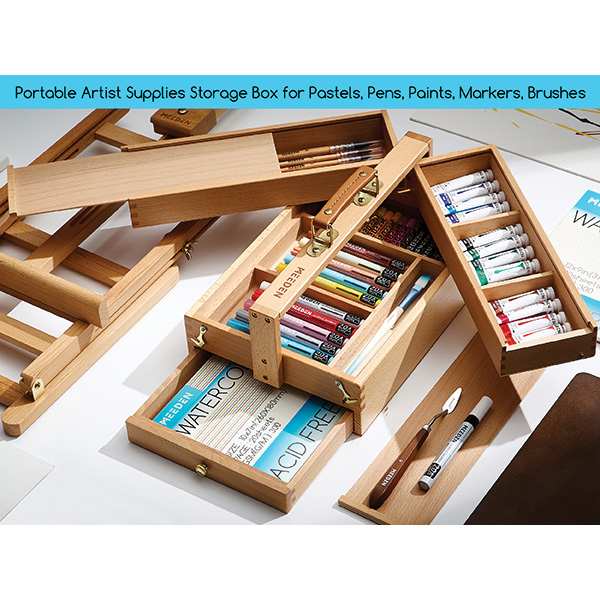Portable artist supplies storage box for pastels, pens, paints, markers, brushes.