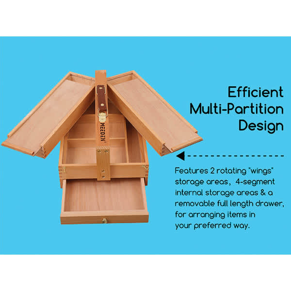 Meeden 3-level Artist Storage Box. Efficient Multi-partition design. Features 2 rotating "wings" storage areas, 4-segment internal storage areas and a removable full length drawer, for arranging items in your preferred wat
