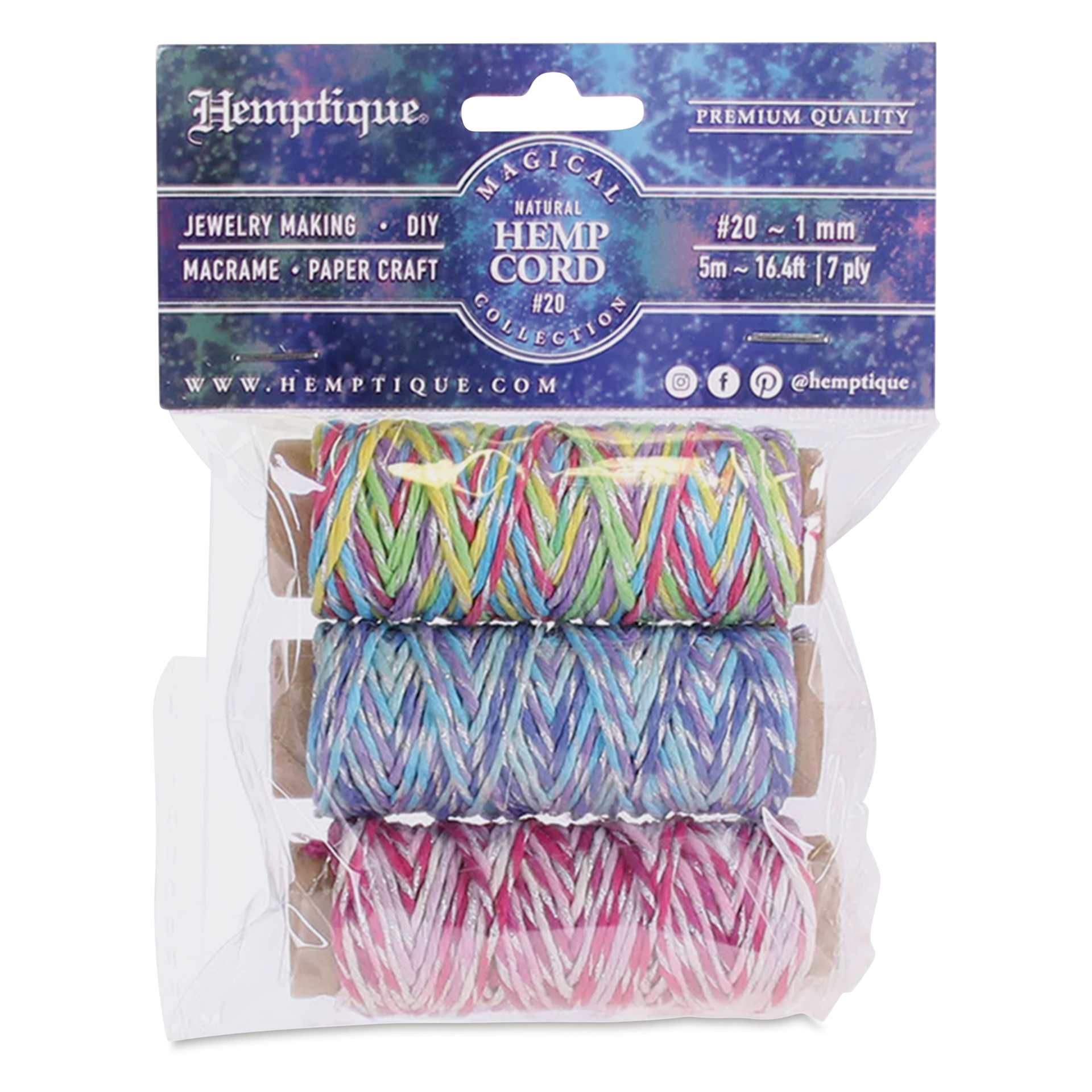 Hemptique Hemp Cord Spools - Set of 3, Magical Collection, 1 mm x 16.4 ft front of package