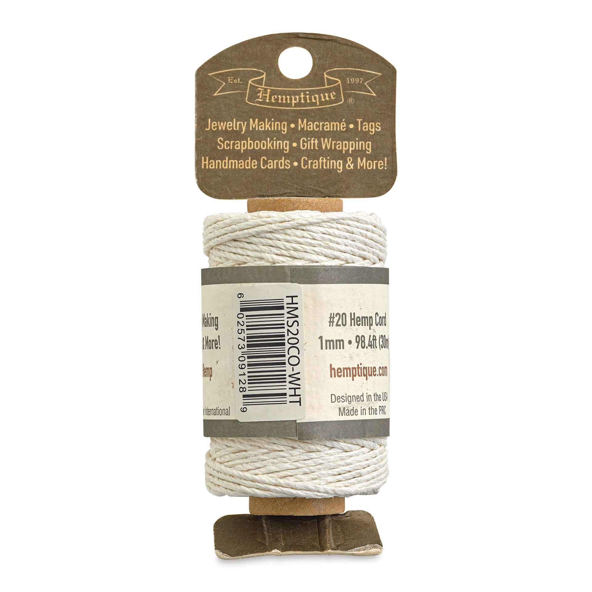 Hemptique Hemp Cord Spool - White, 1 mm x 98.4 ft, back of the packaging