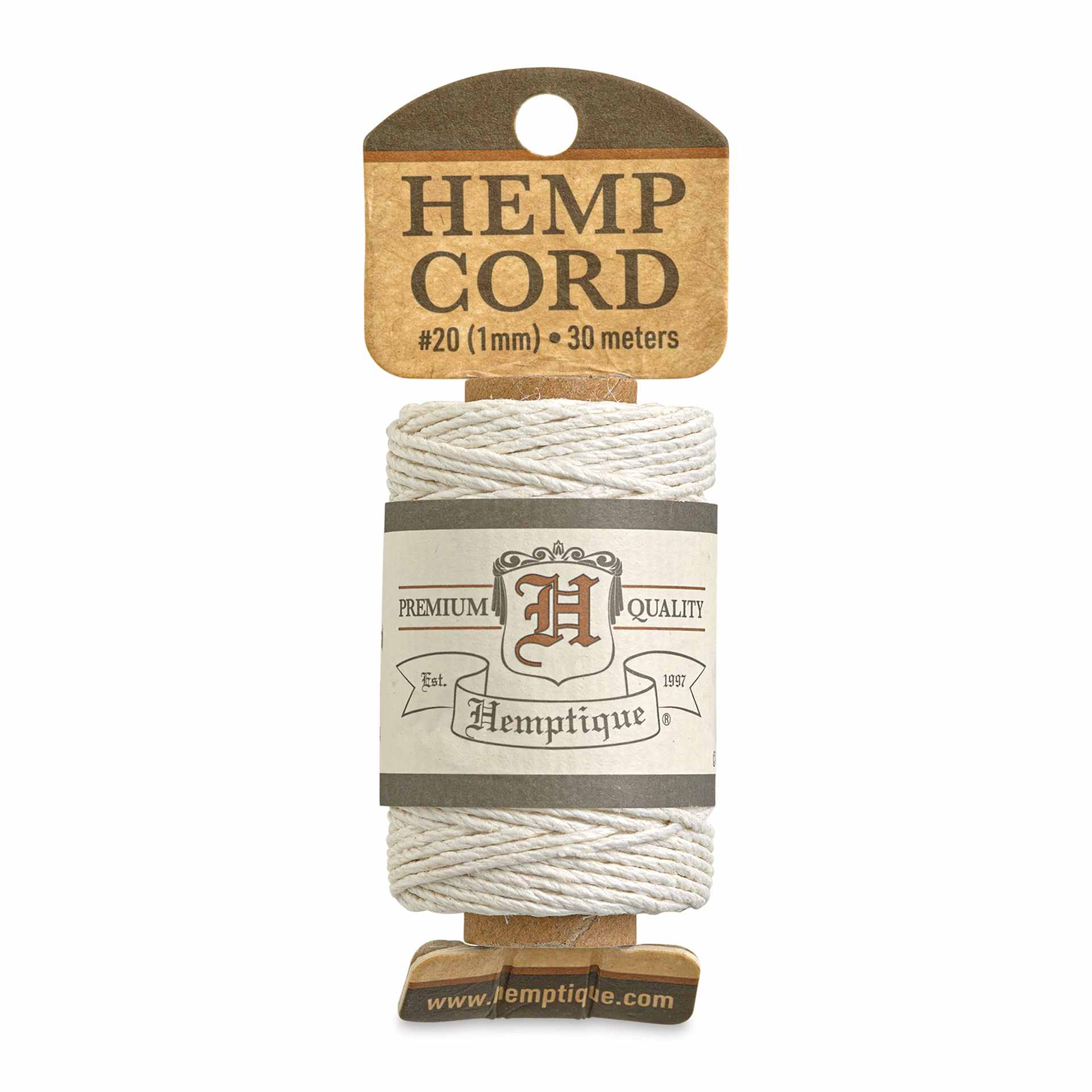 Hemptique Hemp Cord Spool - White, 1 mm x 98.4 ft, front of the packaging
