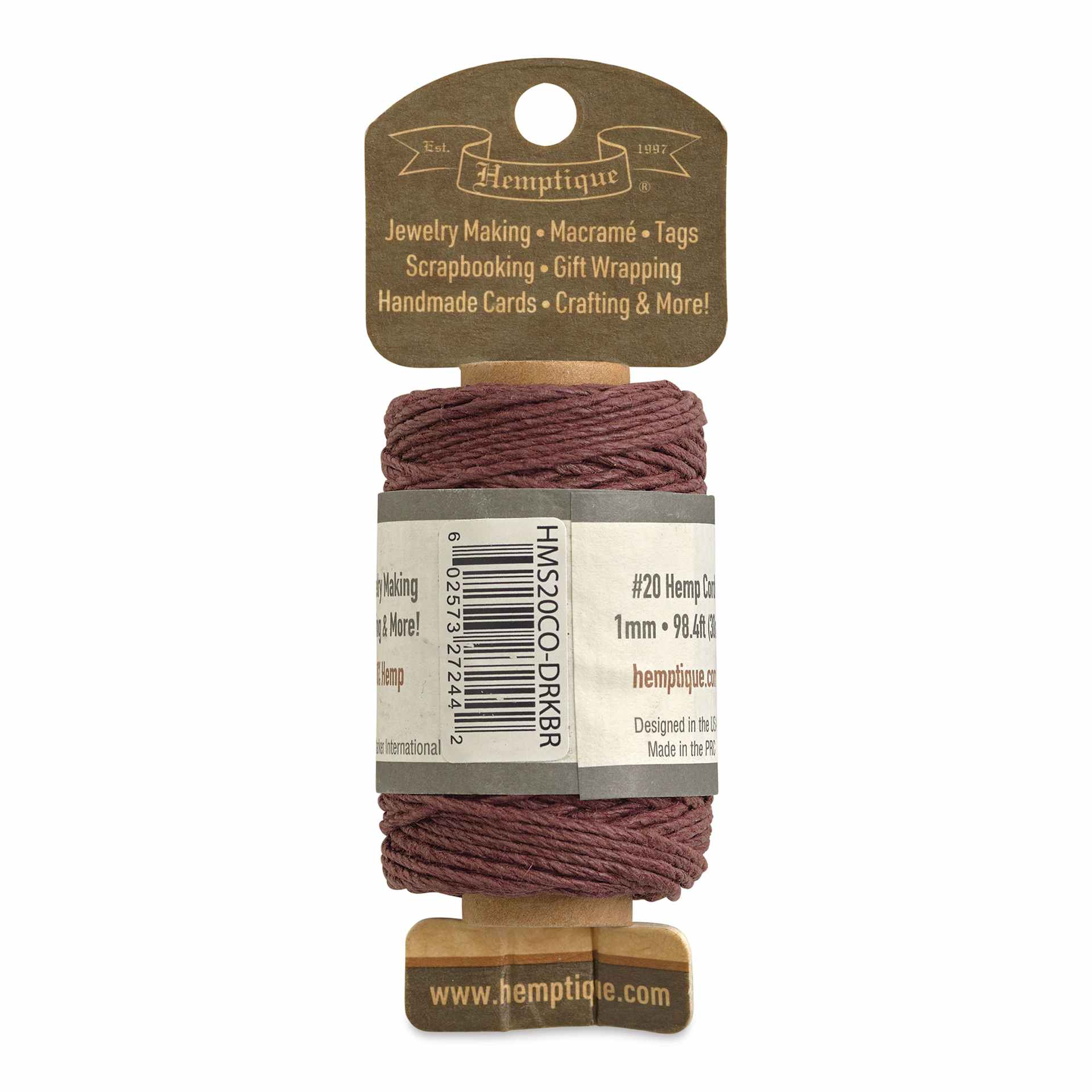 Hemptique Hemp Cord Spool - Dark Brown, 1 mm x 98.4 ft, back of the packaging