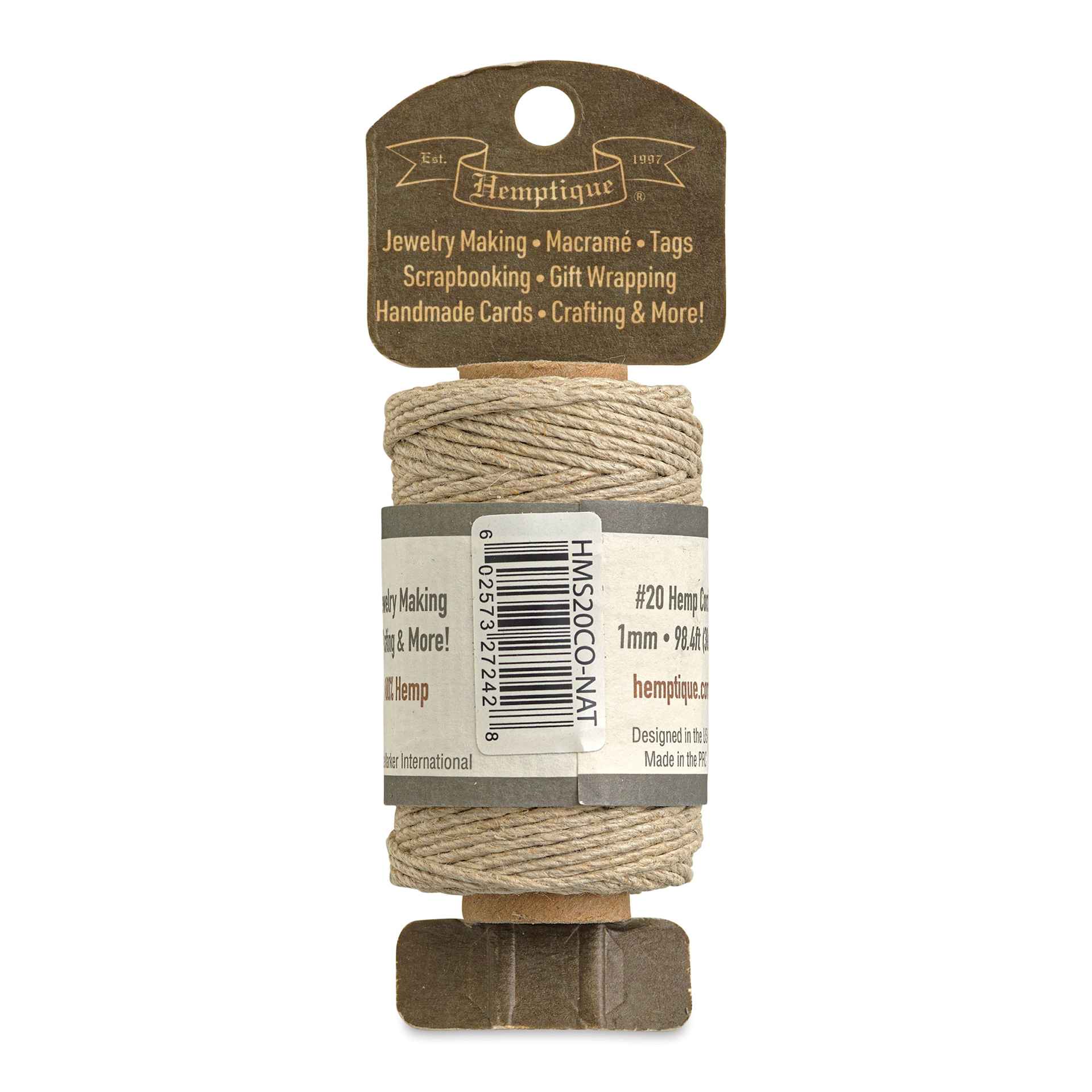 Hemptique Hemp Cord Spool - Natural, 1 mm x 98.4 ft, back of the packaging