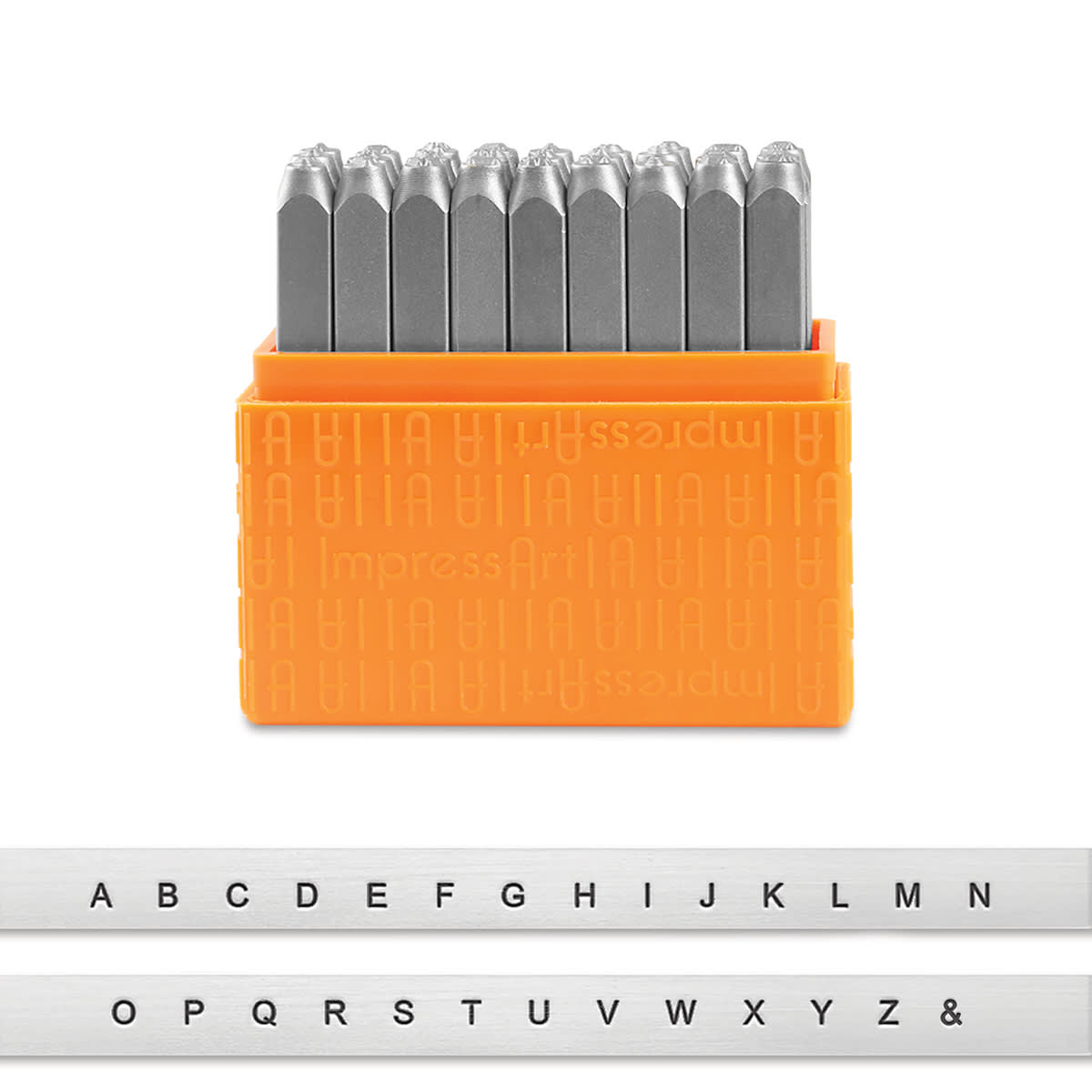 ImpressArt Letter and Number Stamp Sets - Front view of open Uppercase San Serif font set with type