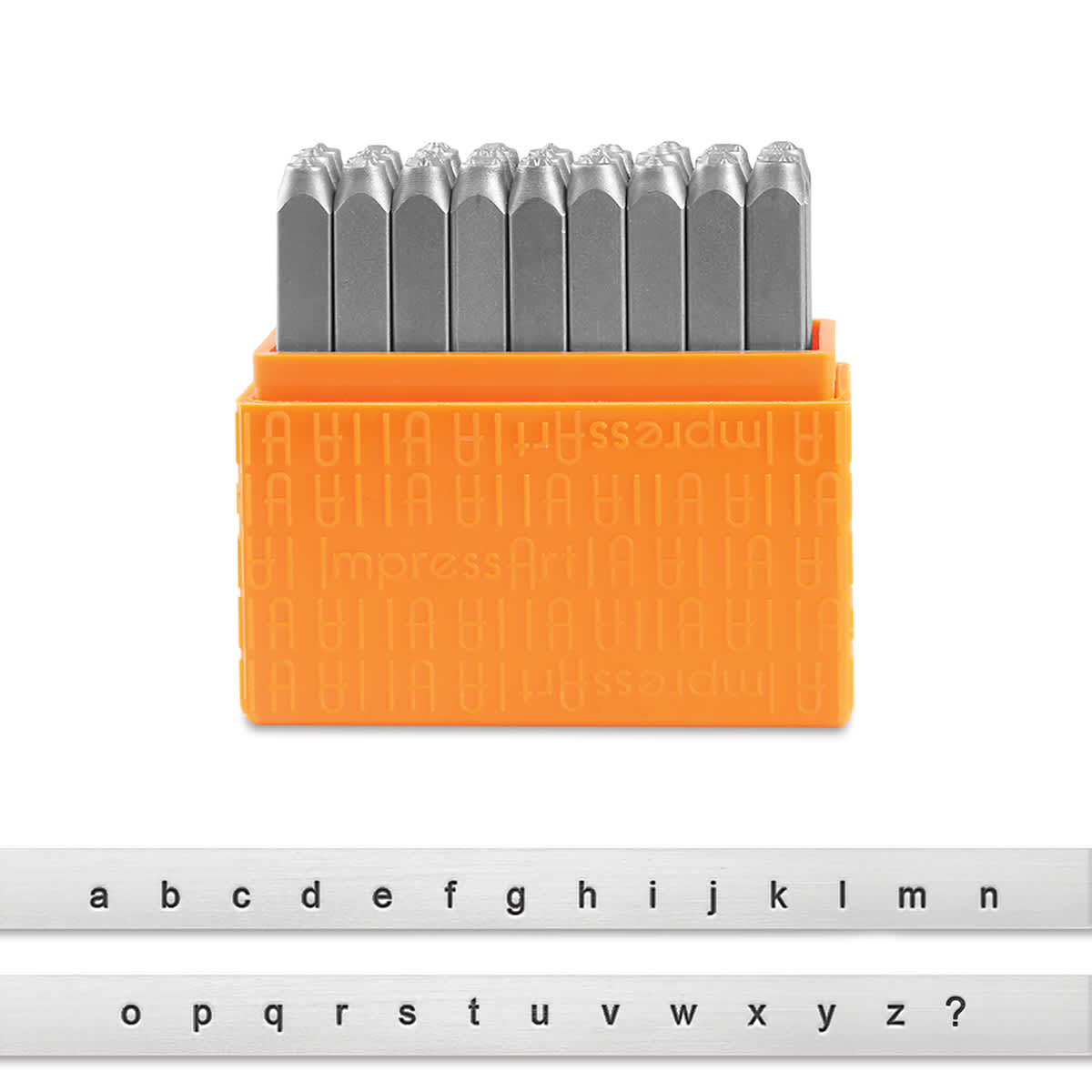 ImpressArt Letter and Number Stamp Sets - Front view of open Lowercase San Serif font set with type