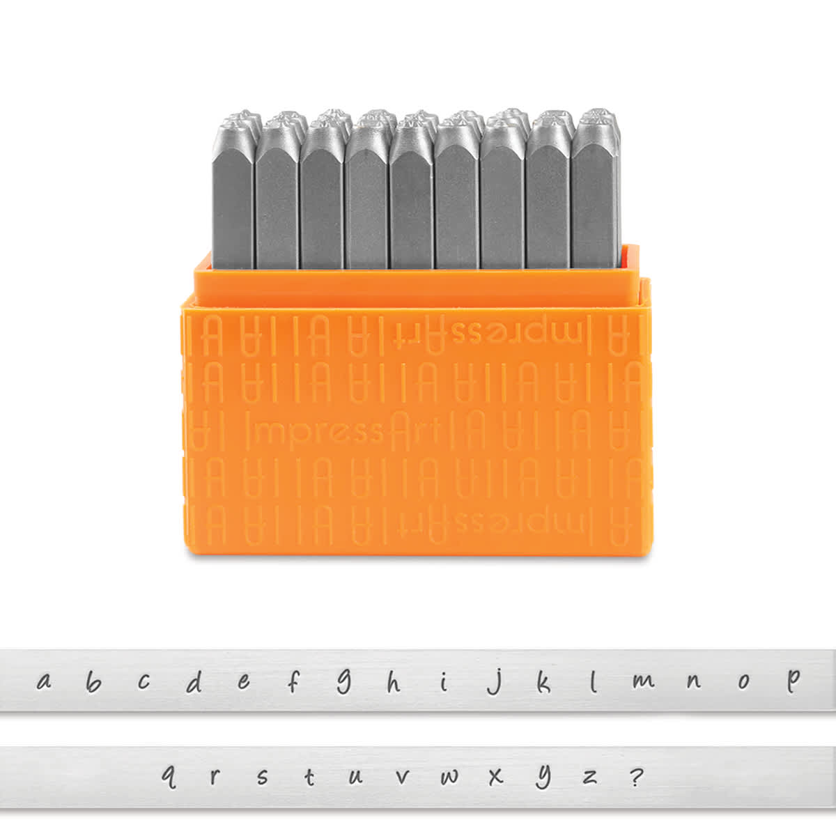 ImpressArt Letter and Number Stamp Sets - Front view of open Lowercase Bridgett font set with type