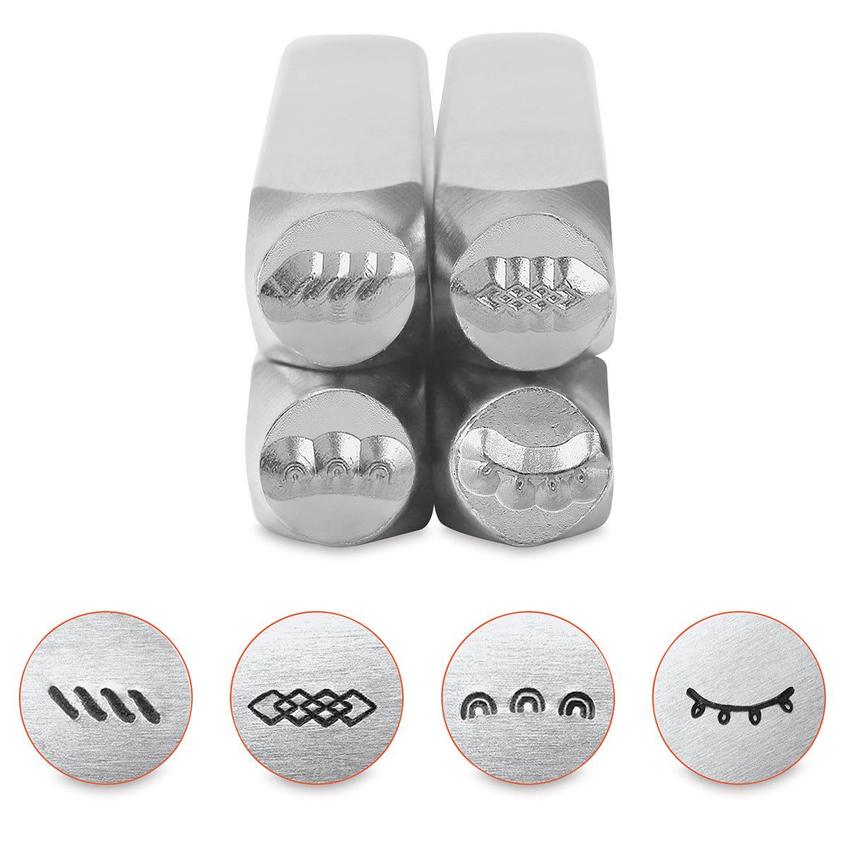 ImpressArt Design Stamps - Front view of 4 pc Ornamental Border Set 1 with examples of impressions