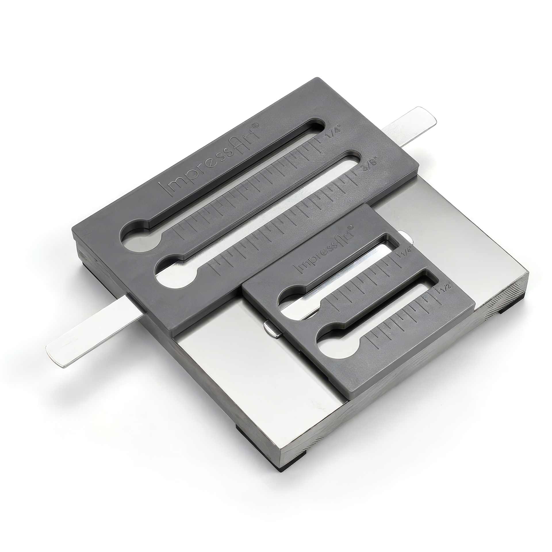 ImpressArt Bracelet Stamp Straight Jig Set showing bracelet jig along with Ring Jig (sold seperately) with blank in place