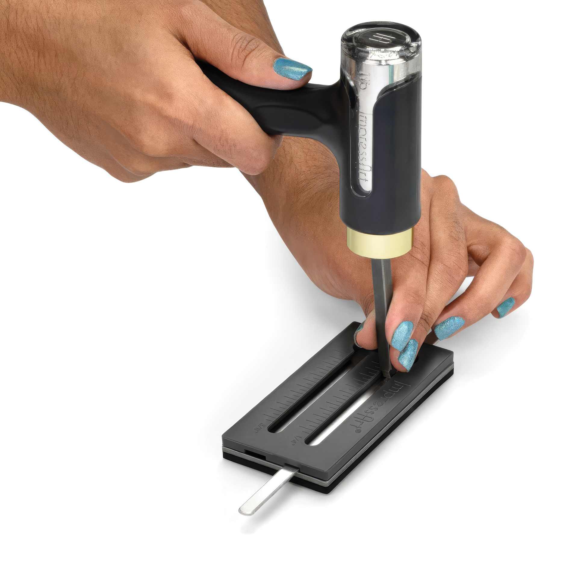 ImpressArt Bracelet Stamp Straight Jig Set with jig holding bracelet blank in place for metal stamp and hammer