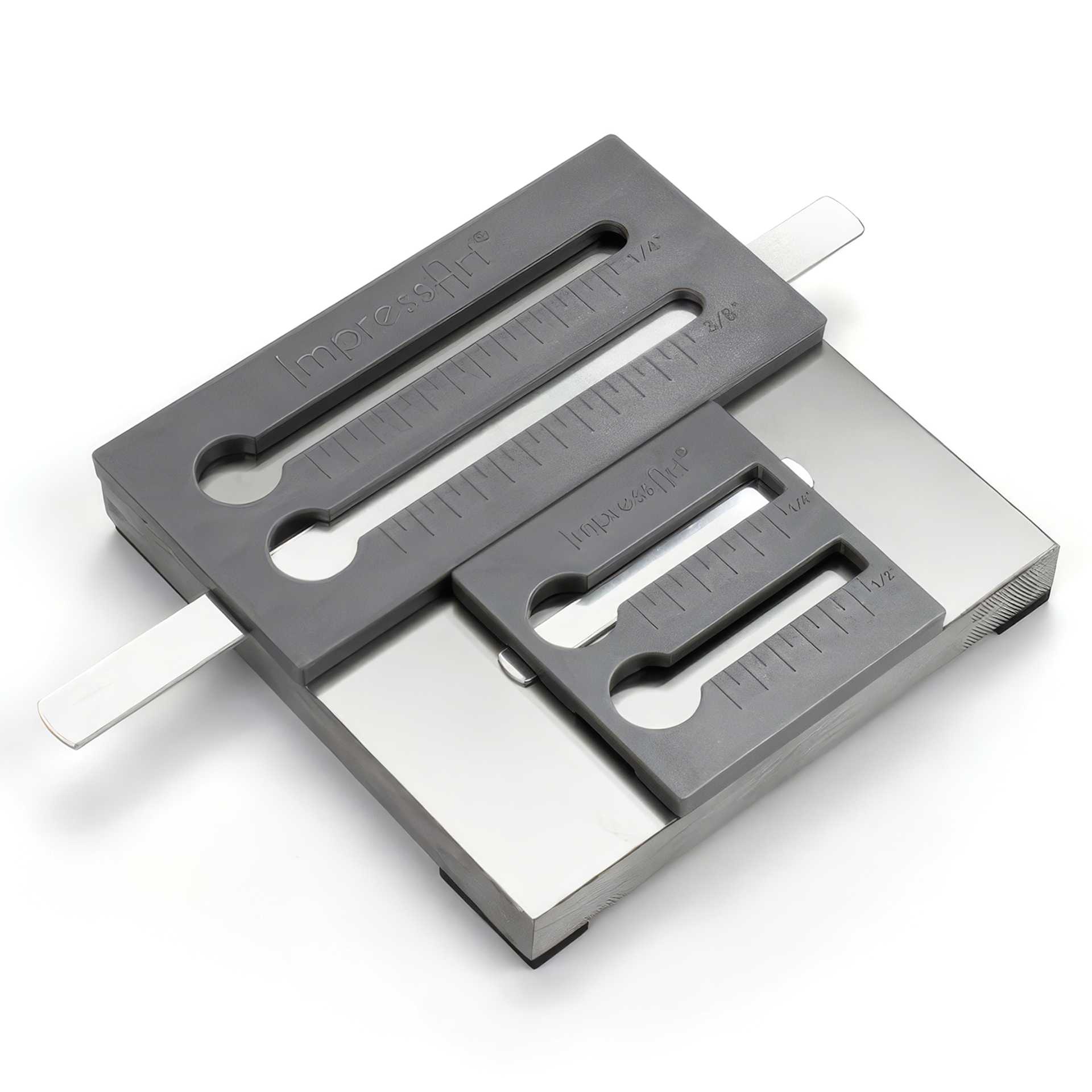 ImpressArt Ring Stamp Straight Jig Set showing included jig and Bracelet Jig (sold seperately) with blank in place