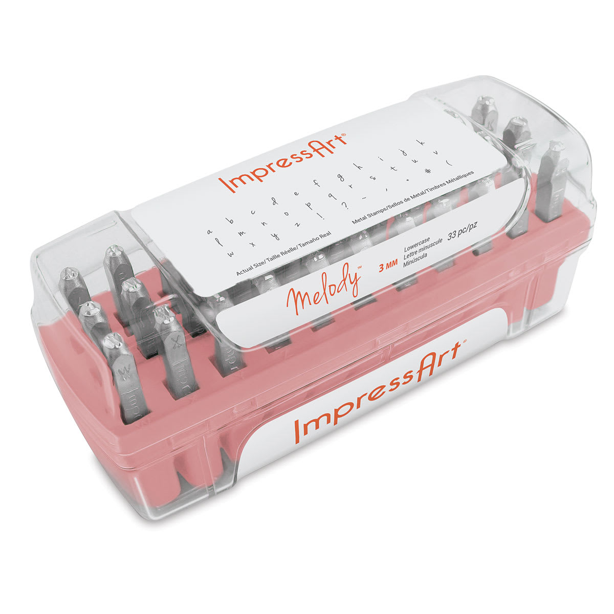 ImpressArt Letter and Number Stamp Sets - Angled view of Lowercase Melody font set 