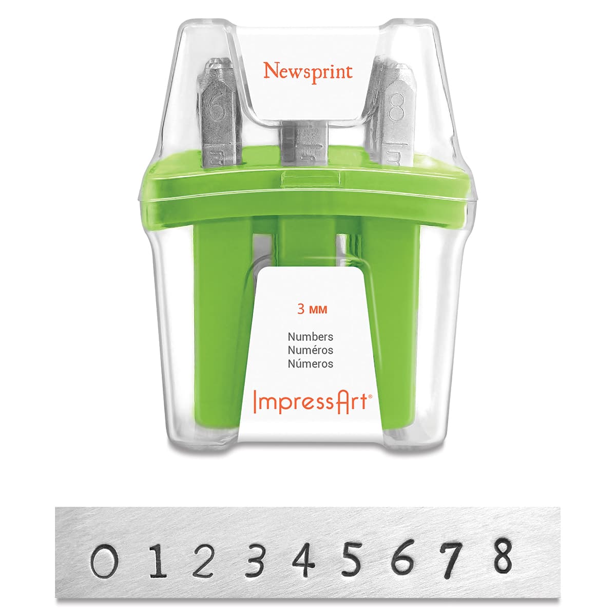 ImpressArt Letter and Number Stamp Sets - Front view of open Number Newsprint font set with type