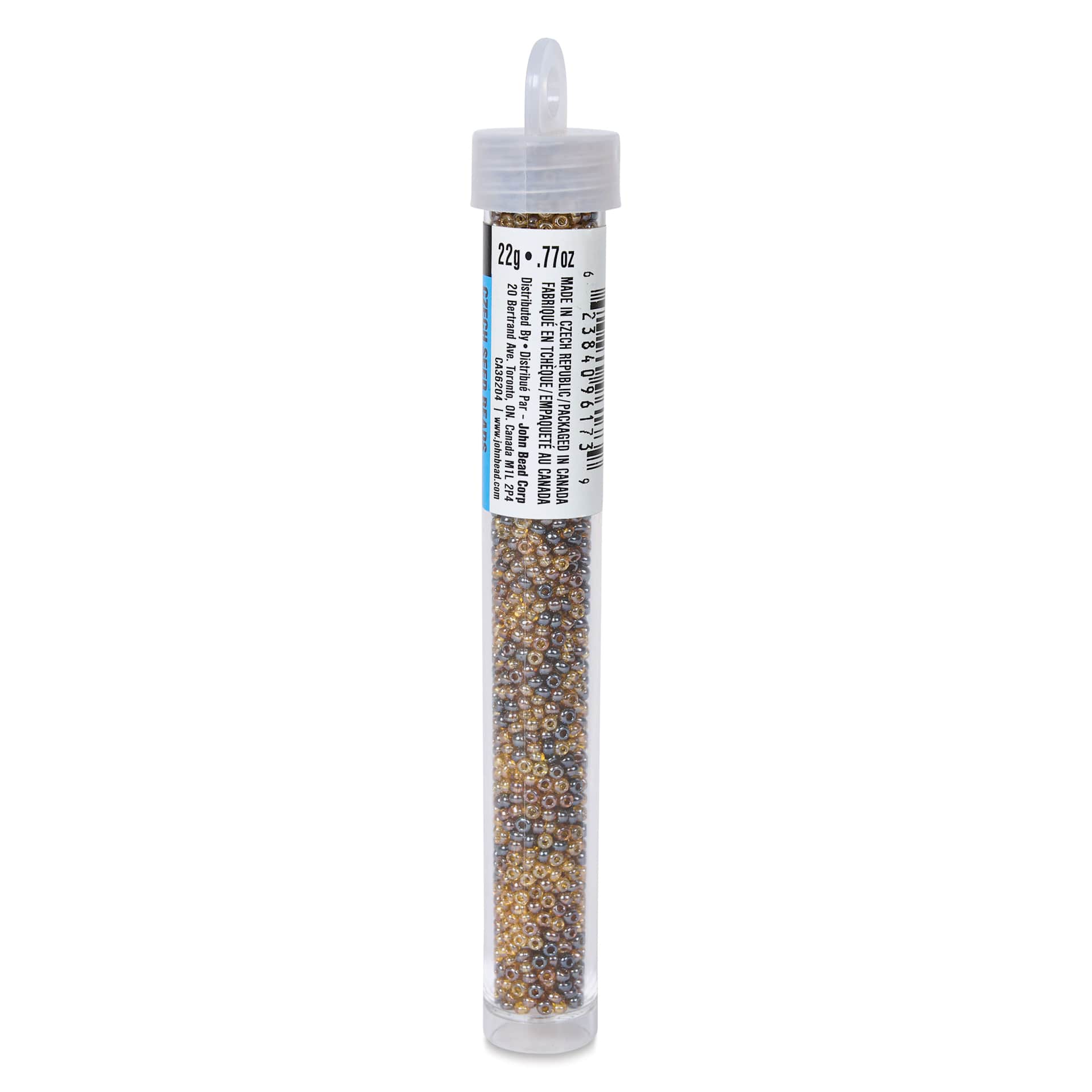 John Bead Czech Glass Seed Beads - Topaz, Luster Mix, 10/0, 22 g Vial side view