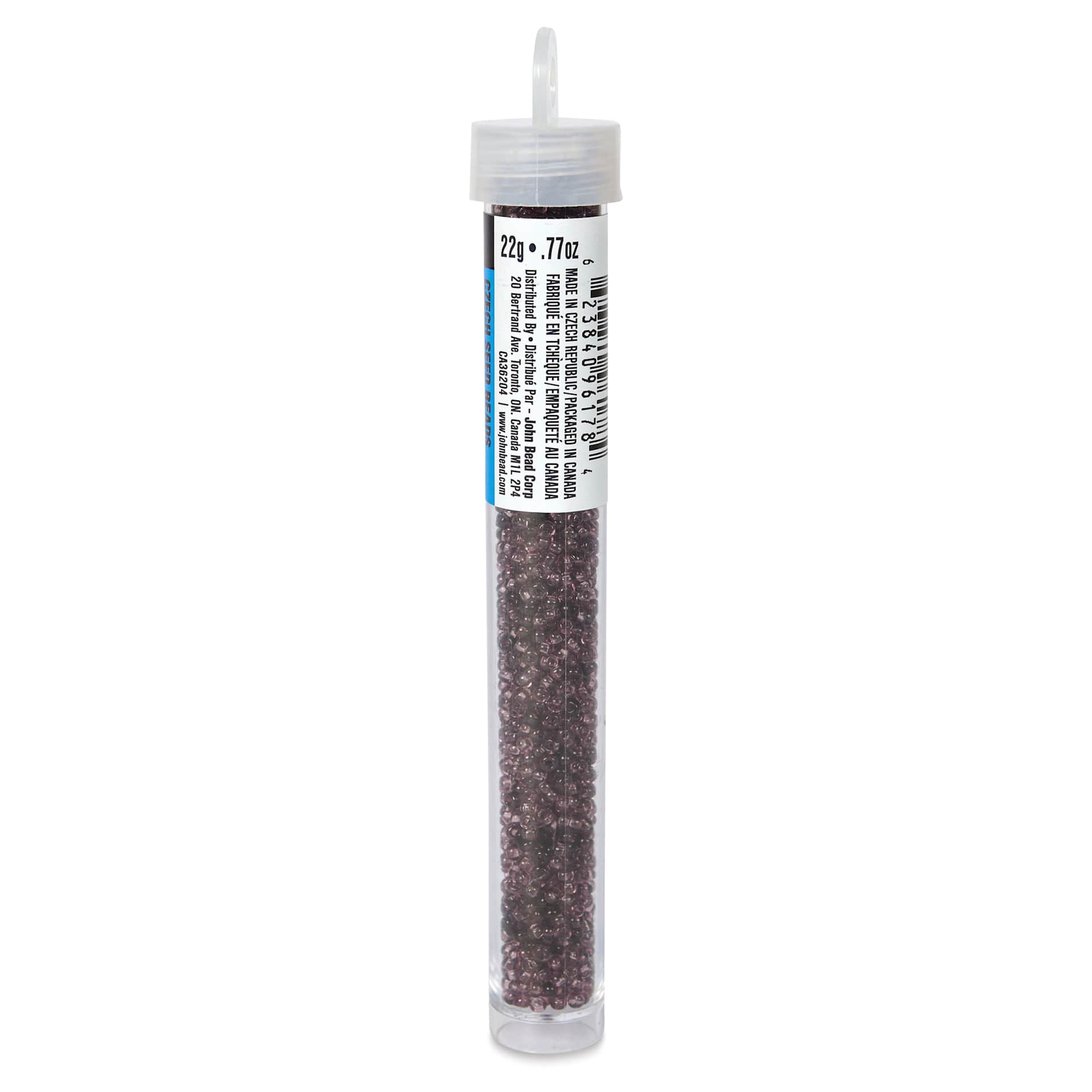 John Bead Czech Glass Seed Beads - Transparent Amethyst, Luster Mix, 10/0, 22 g Vial side view