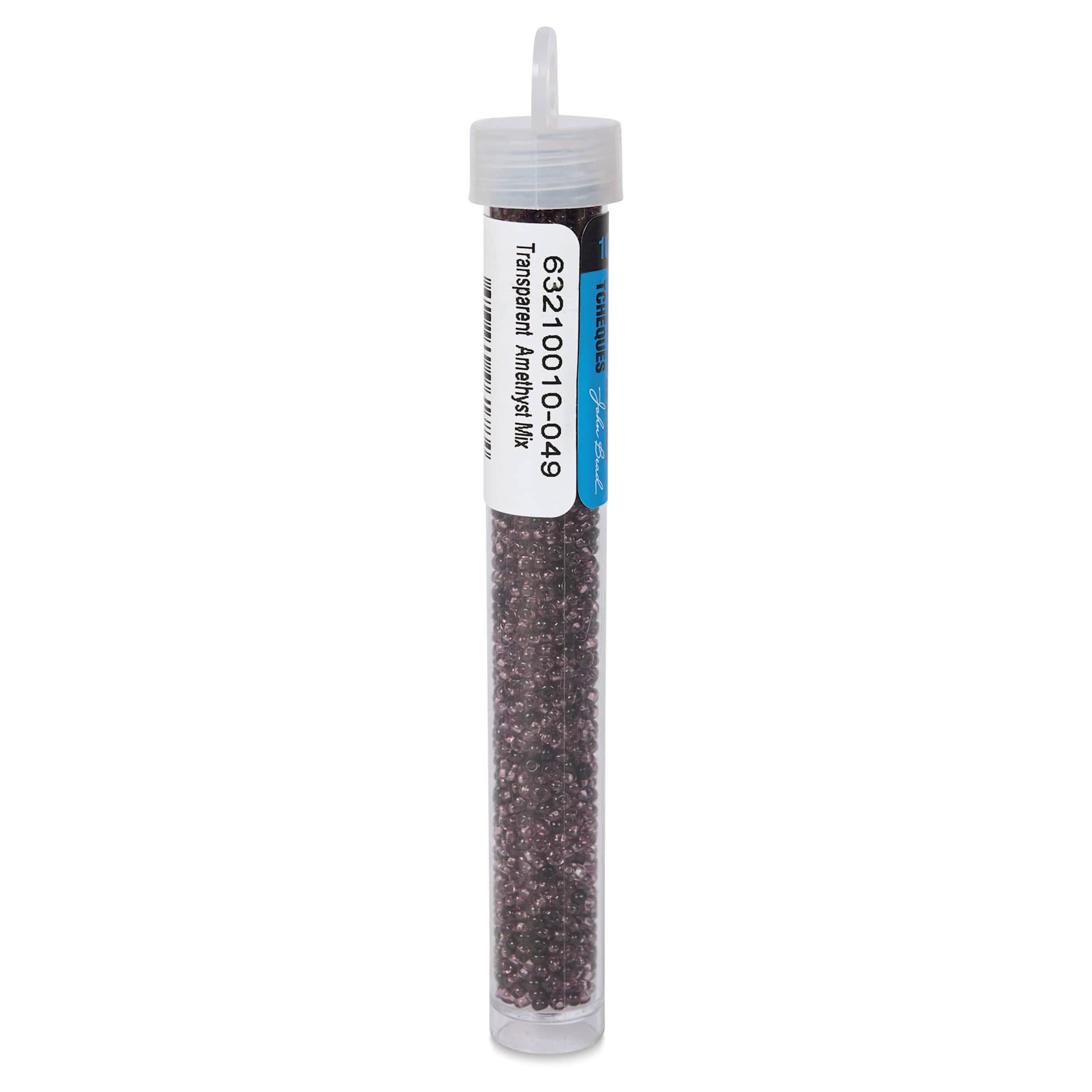 John Bead Czech Glass Seed Beads - Transparent Amethyst, Luster Mix, 10/0, 22 g Vial back view