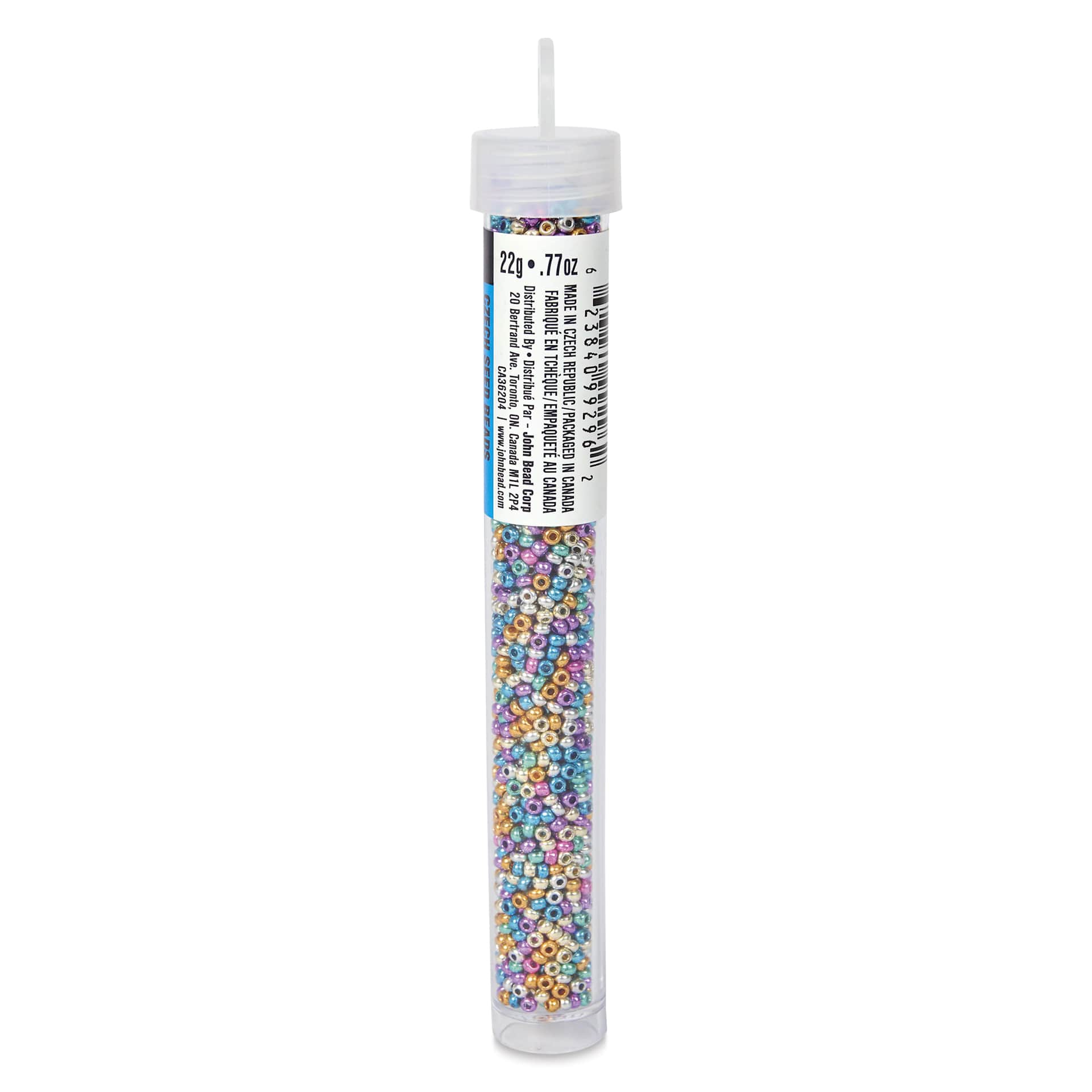 John Bead Czech Glass Seed Beads - Multicolor Mix, Metallic, 10/0, 22 g Vial side view