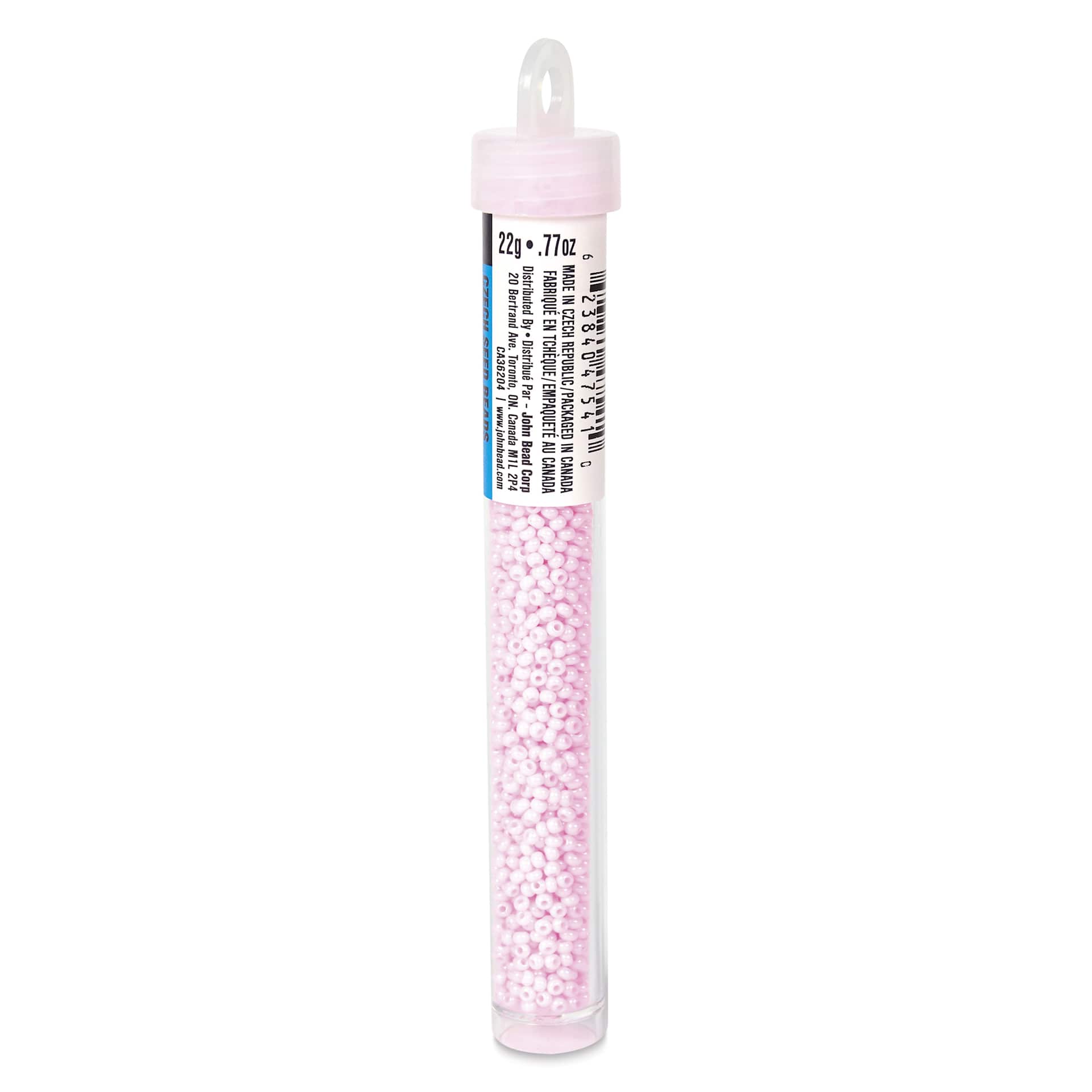 John Bead Czech Glass Seed Beads - Dyed Pink, Opaque, 10/0, 22 g Vial side view
