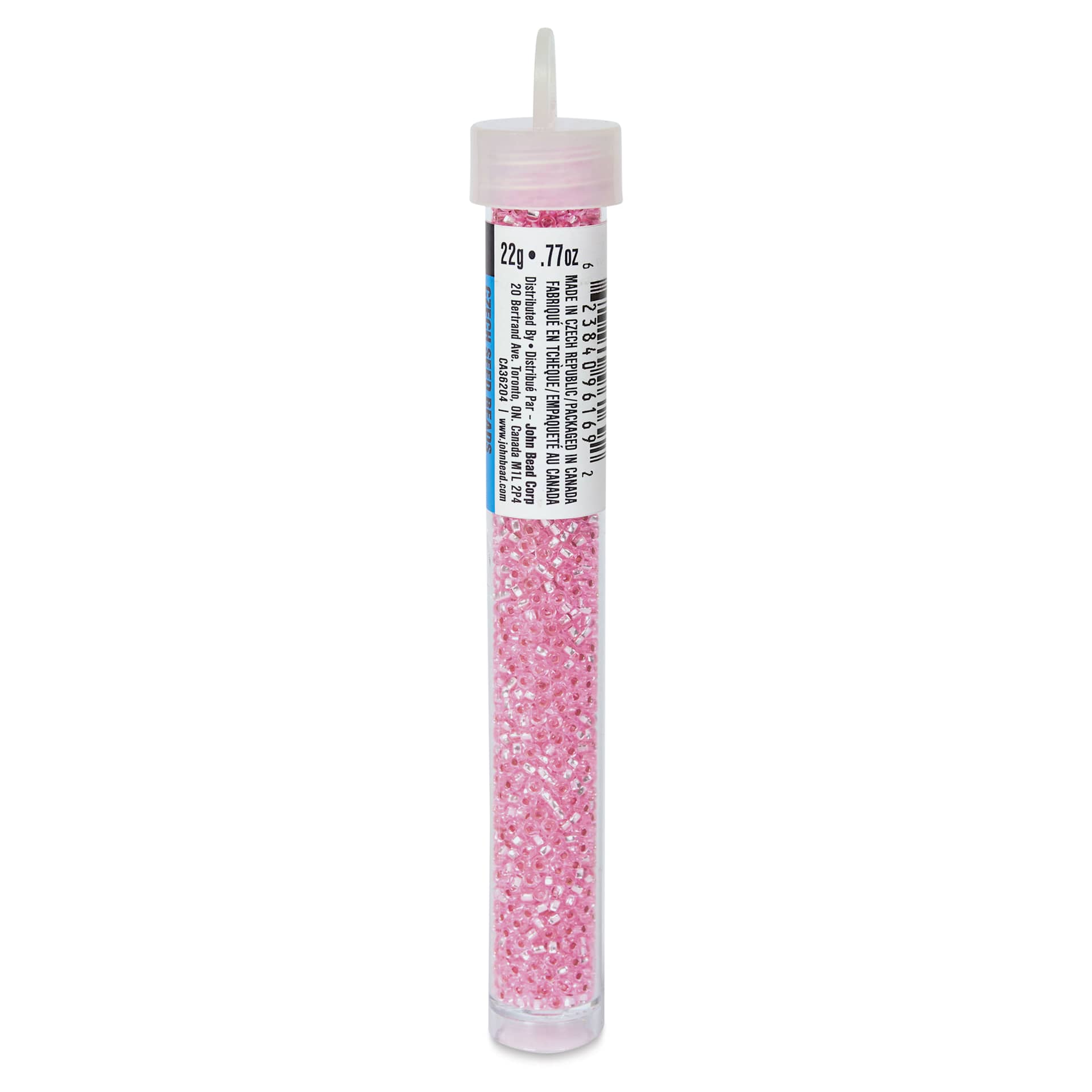 John Bead Czech Glass Seed Beads - Transparent Pink, Silver Lined, 10/0, 22 g Vial side view