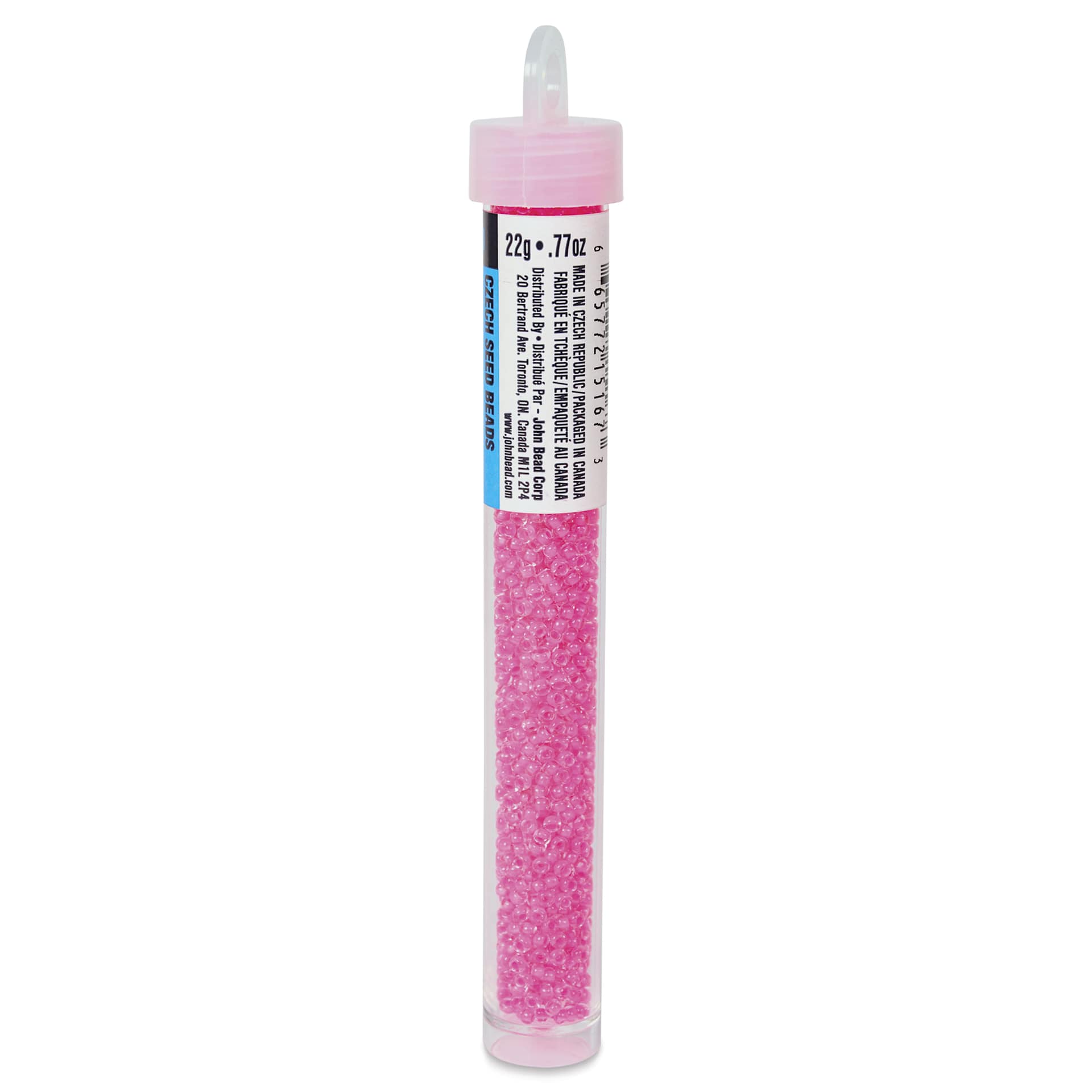 John Bead Czech Glass Seed Beads - Neon Pink, Color Lined, 10/0, 22 g Vial side view