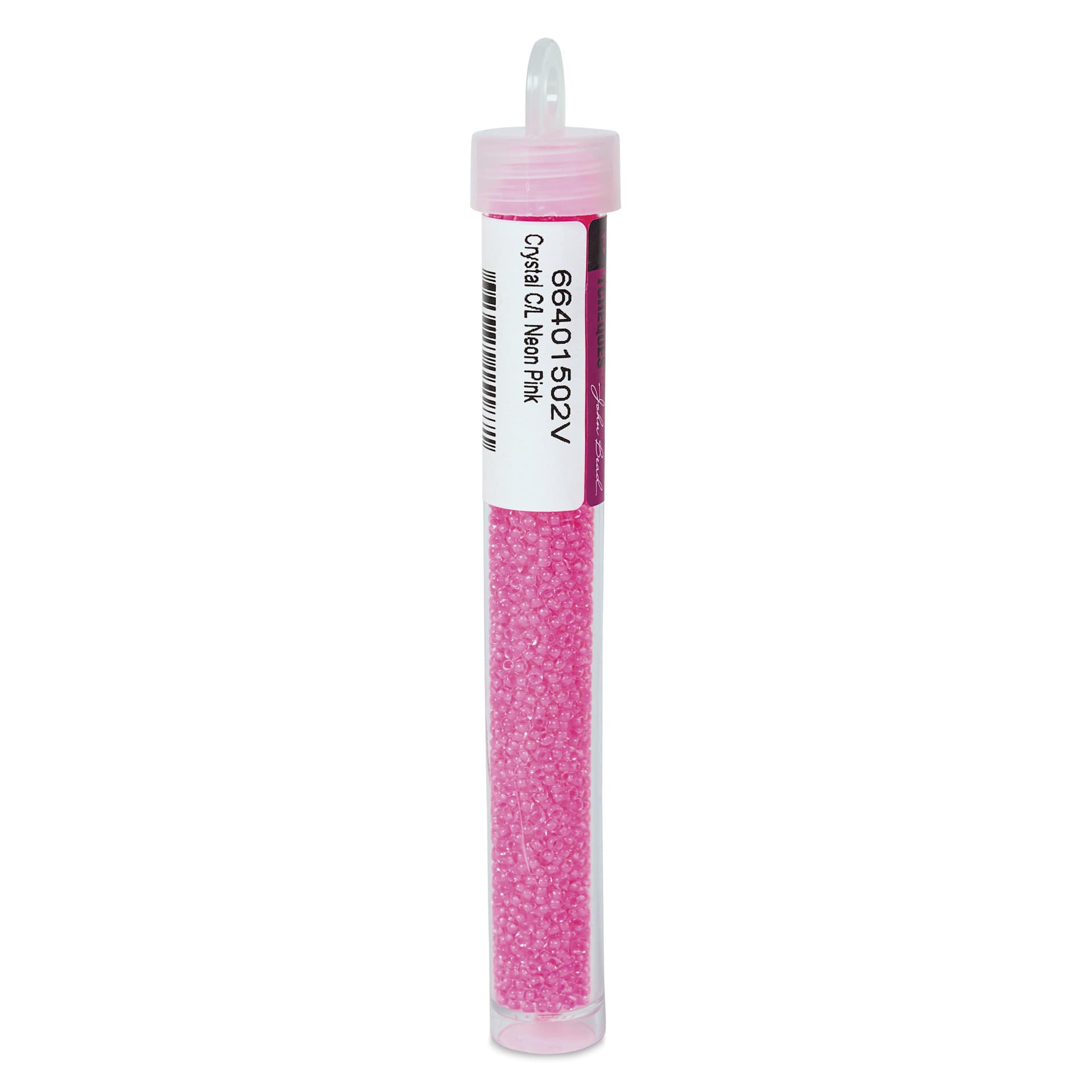 John Bead 11/0 Czech Glass Seed Beads - Neon Pink, Color Lined, 23 g vial - left side