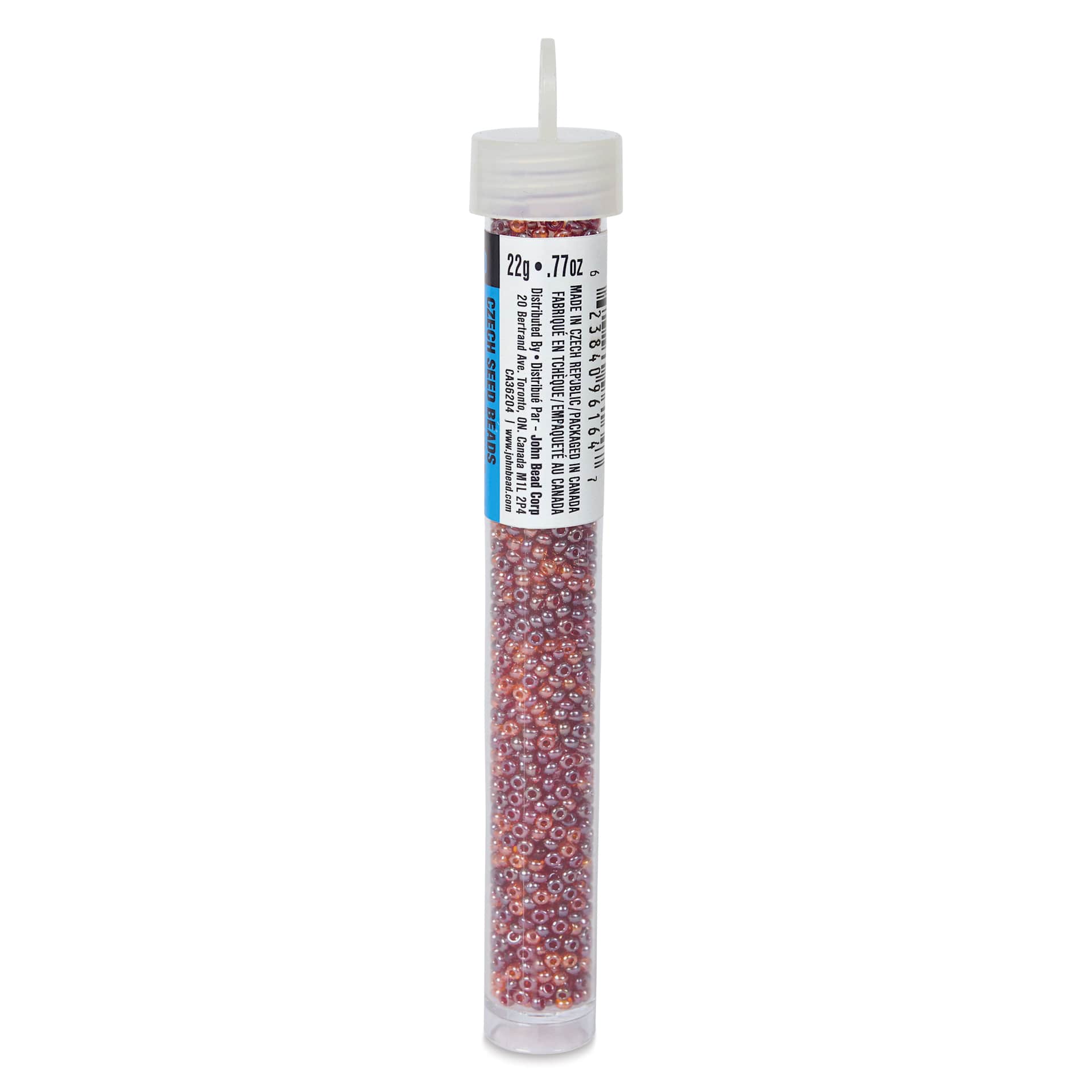 John Bead Czech Glass Seed Beads - Red, Luster Mix, 10/0, 22 g Vial side view