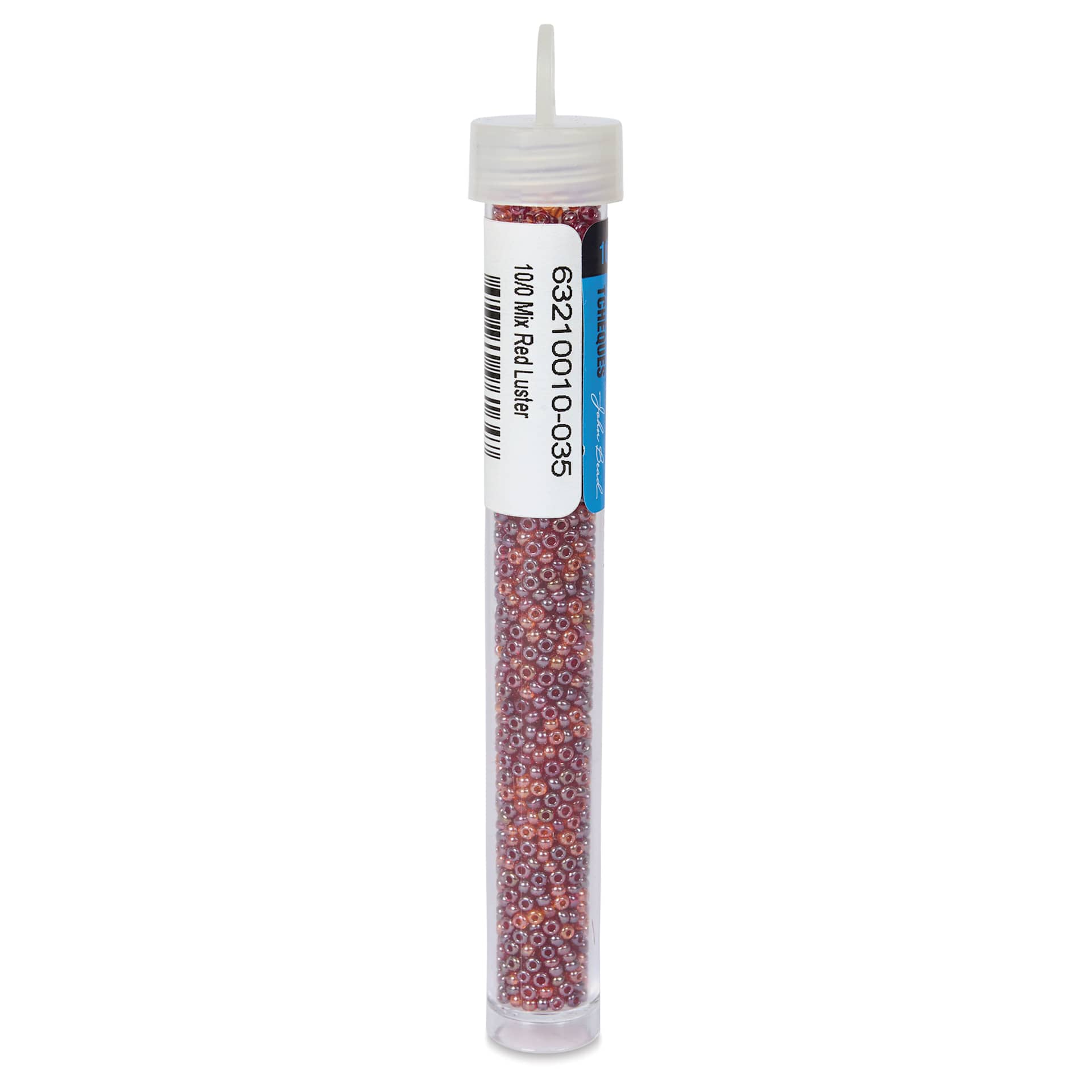John Bead Czech Glass Seed Beads - Red, Luster Mix, 10/0, 22 g Vial back view