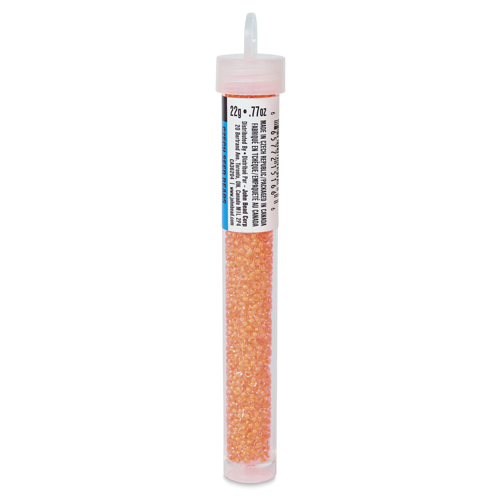 John Bead Czech Glass Seed Beads - Neon Orange, Color Lined, 10/0, 22 g Vial side view