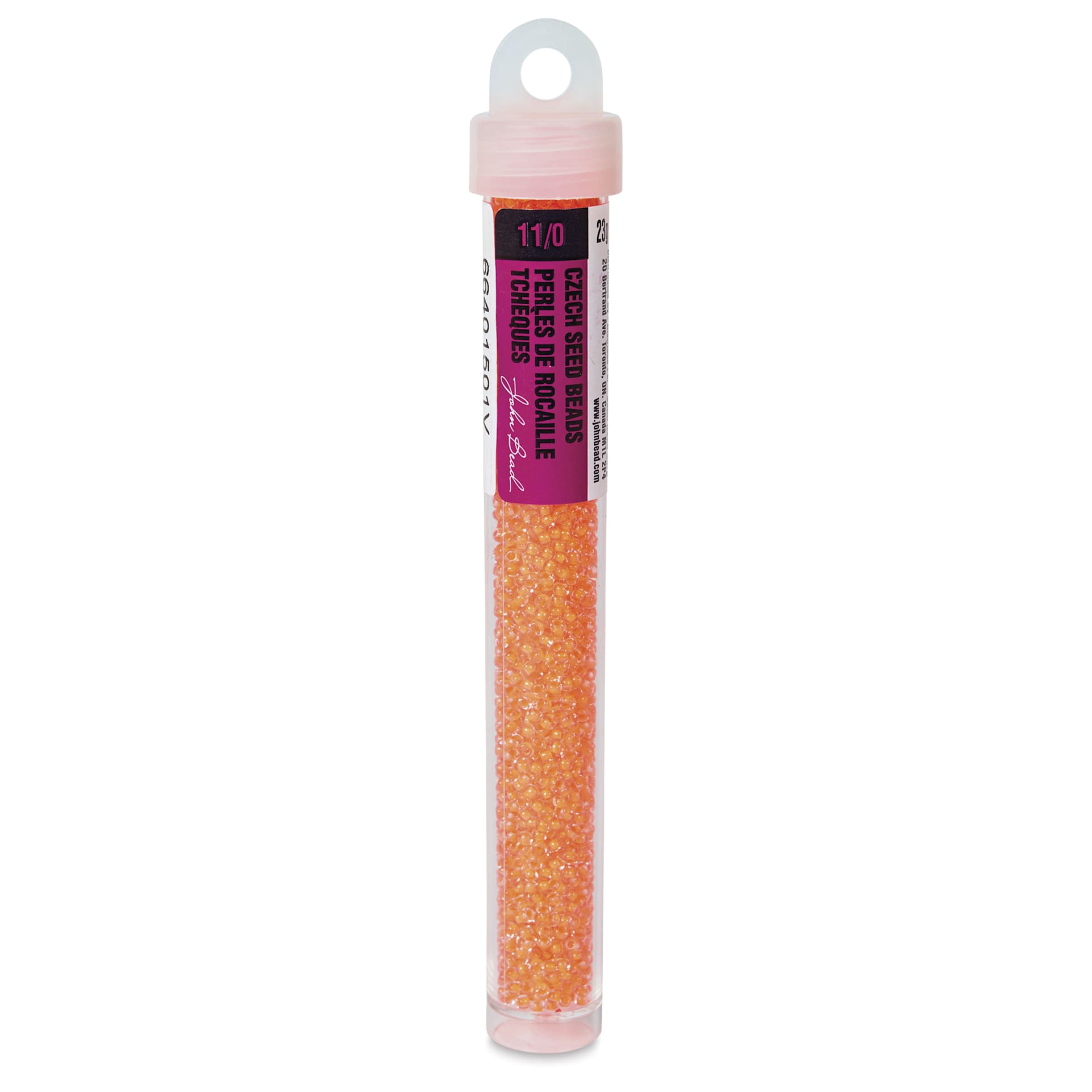 John Bead 11/0 Czech Glass Seed Beads - Neon Orange, Color Lined, 23 g vial - front