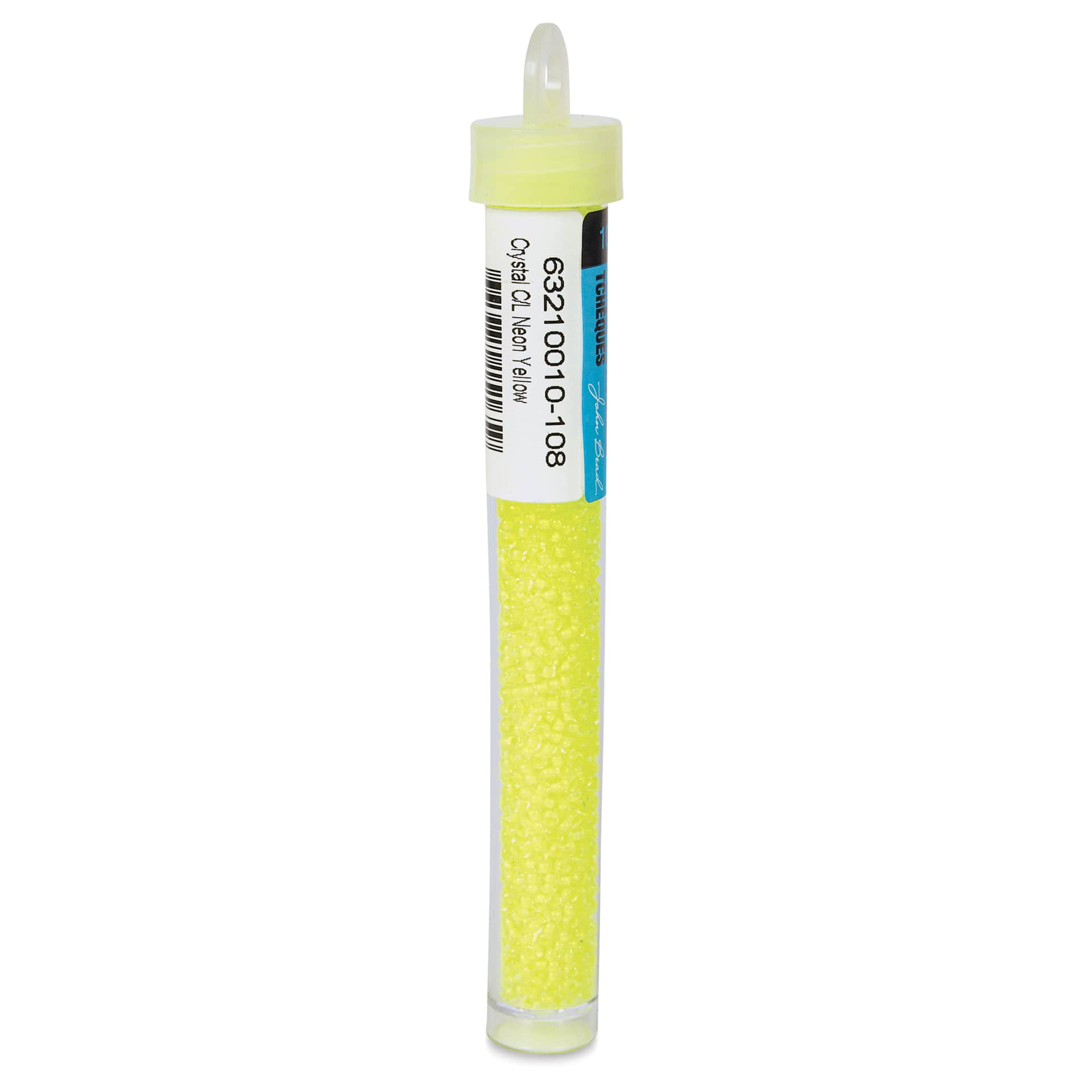 John Bead Czech Glass Seed Beads - Neon Yellow, Color Lined, 10/0, 22 g Vial back view