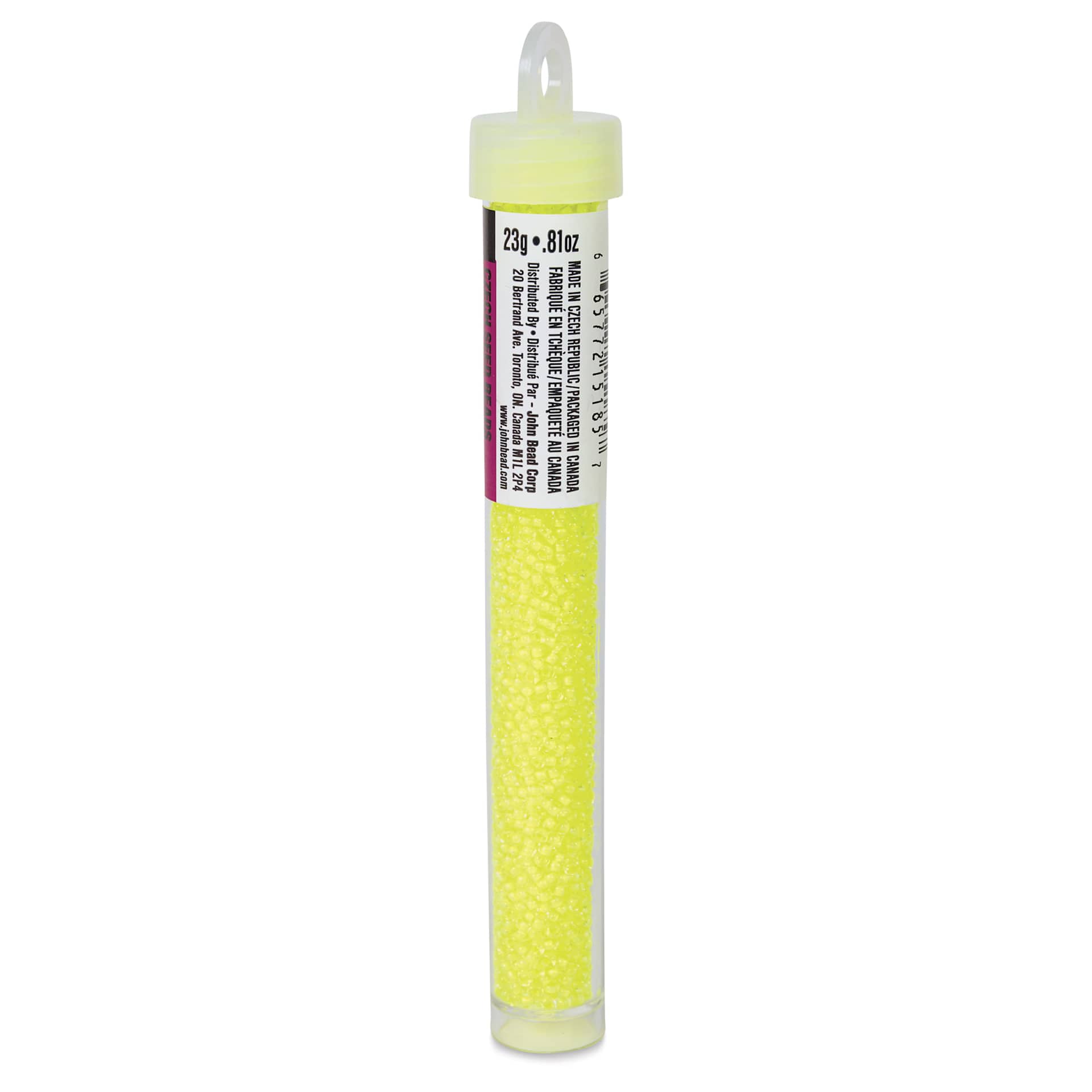 John Bead 11/0 Czech Glass Seed Beads - Neon Yellow, Color Lined, 23 g - left side