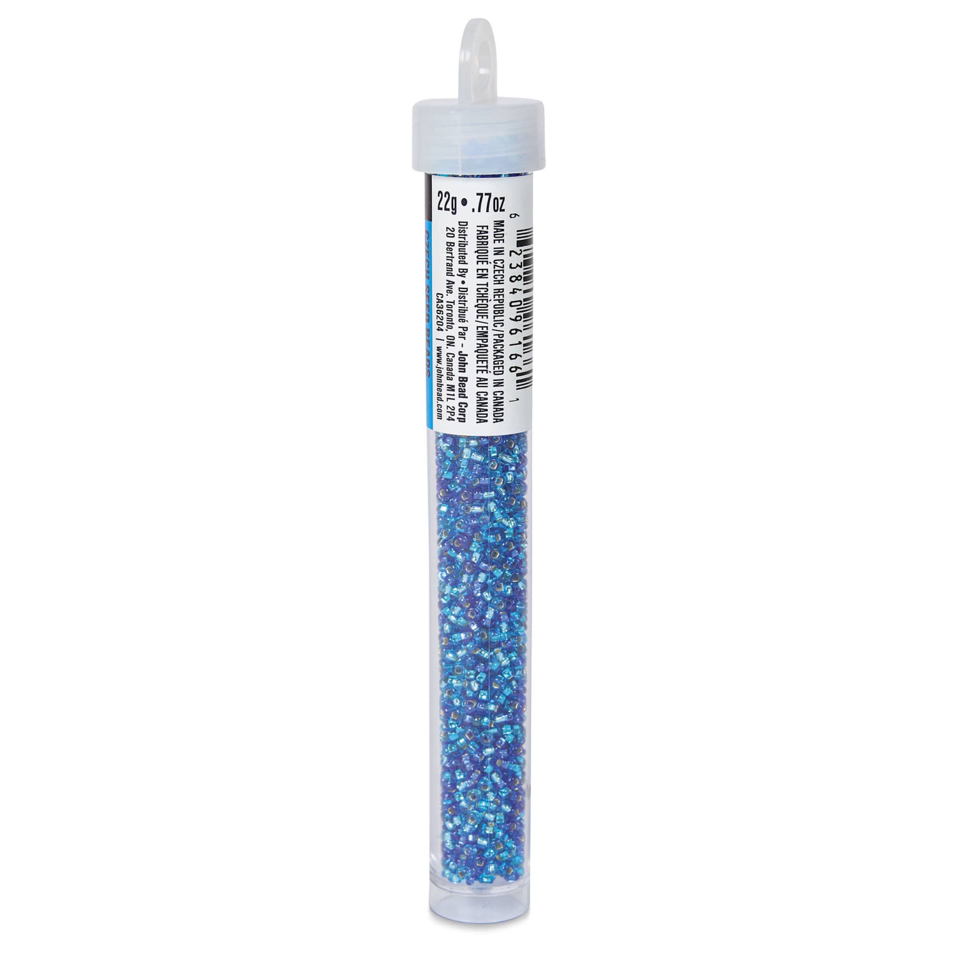 John Bead Czech Glass Seed Beads - Aqua, Silver Lined, 10/0, 22 g Vial side view