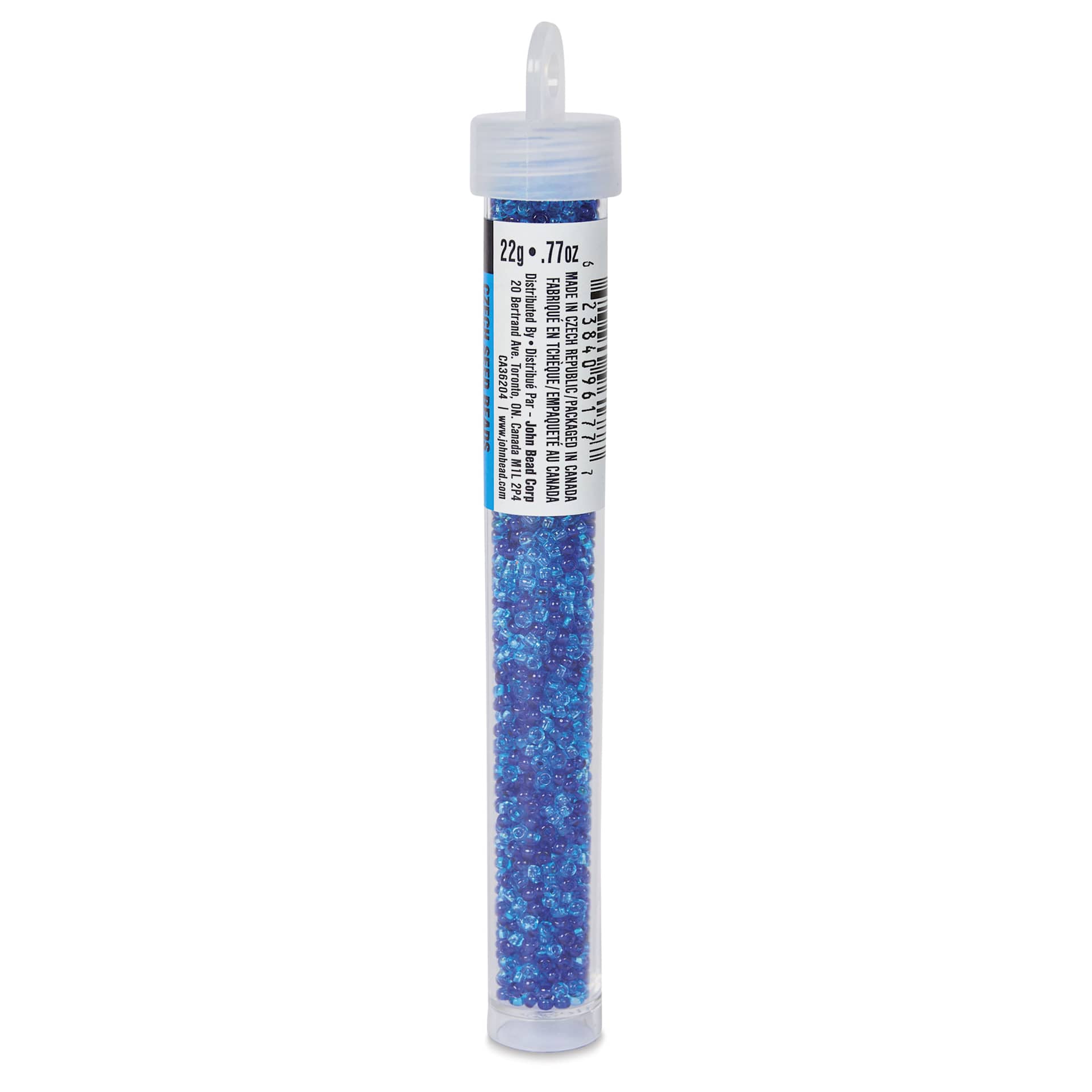 John Bead Czech Glass Seed Beads - Transparent Aqua, Luster Mix, 10/0, 22 g Vial side view