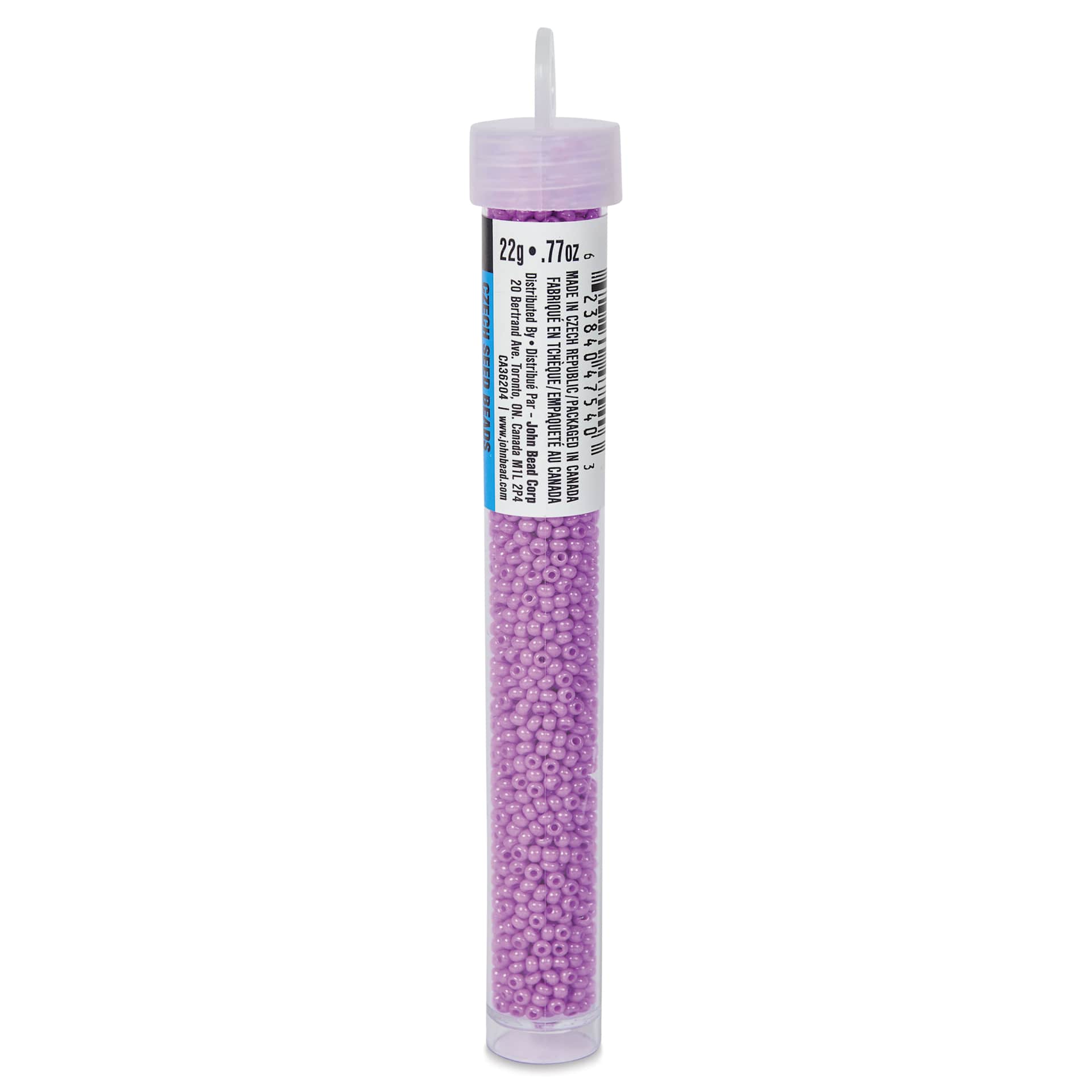 John Bead Czech Glass Seed Beads - Dyed Lilac, Opaque, 10/0, 22 g Vial side view