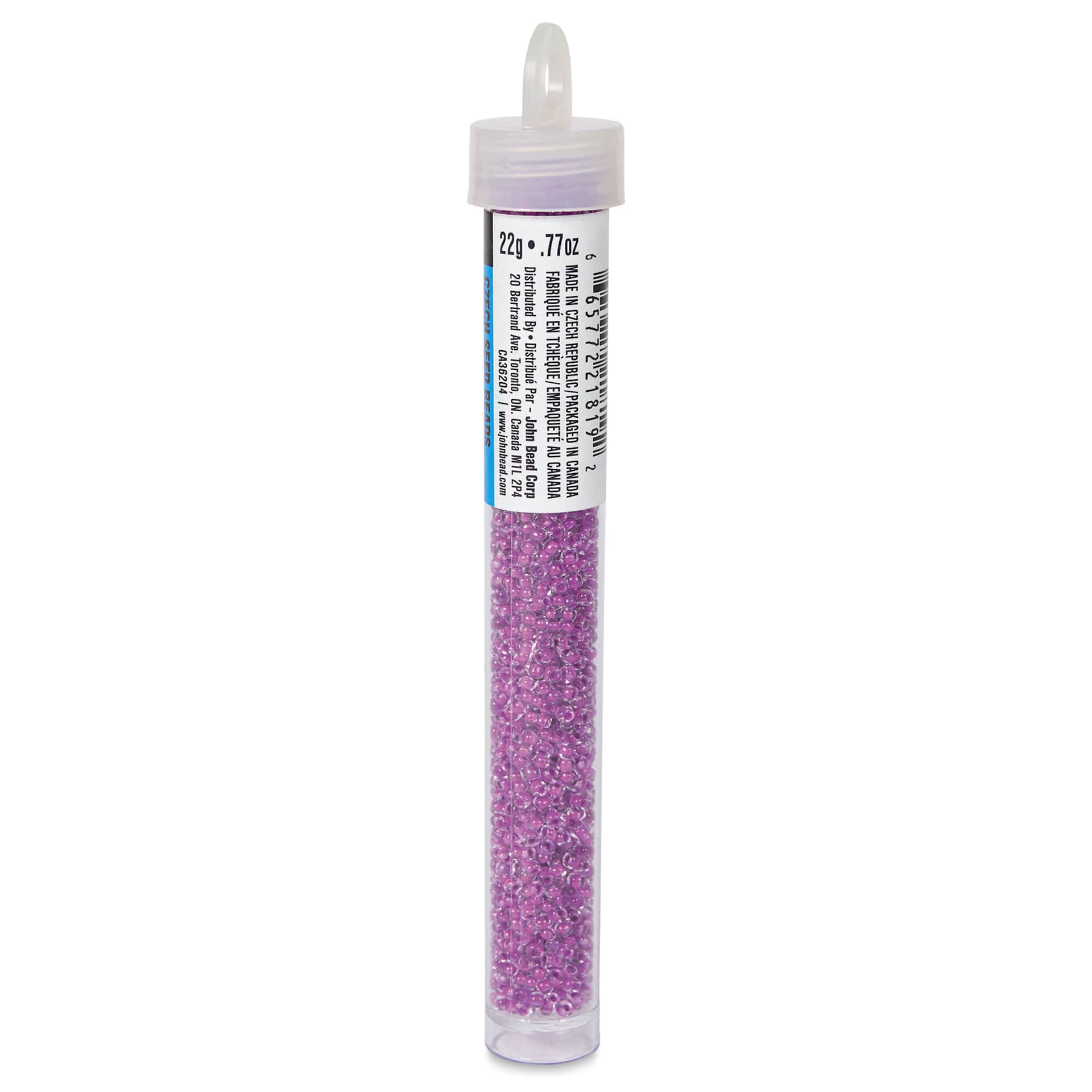 John Bead Czech Glass Seed Beads - Neon Purple, Color Lined, 10/0, 22 g Vial side view
